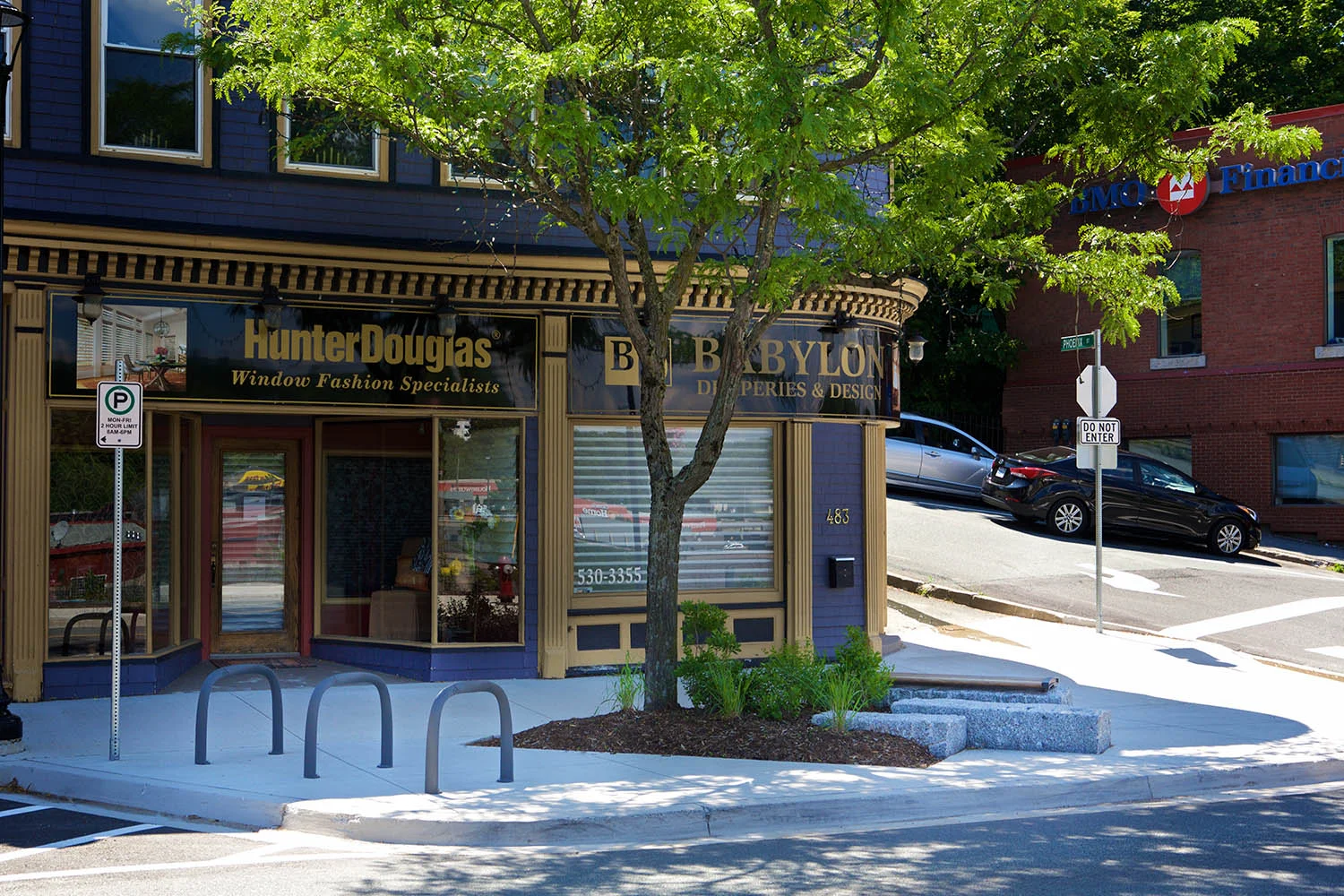 Bumpouts along King Street serve as traffic calming and provide spaces for planting and bicycle parking.