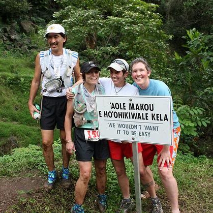 Marian at the finish, with Neal, Sarah & Andrea.