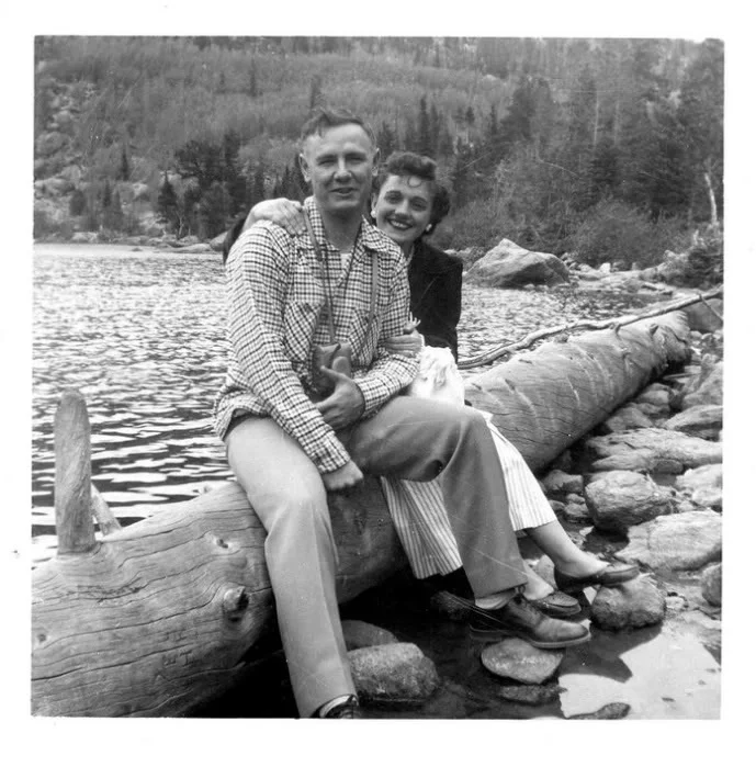 My grandparents in their natural habitat, a.k.a. Rocky Mountain National Park. 1950s.