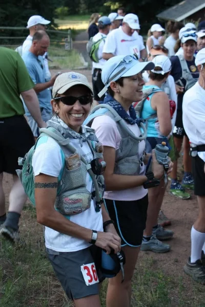 Sarah (cool as a cucumber) and me (apparently chanting some kind of prayer for my own survival?), at the start line. Photo by Andrea Stout.