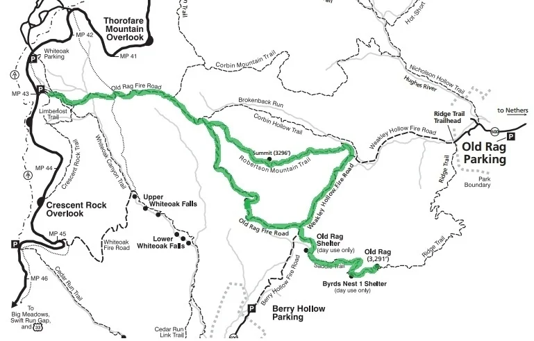 Map courtesy of Shenandoah National Park, with my route highlighted in green.