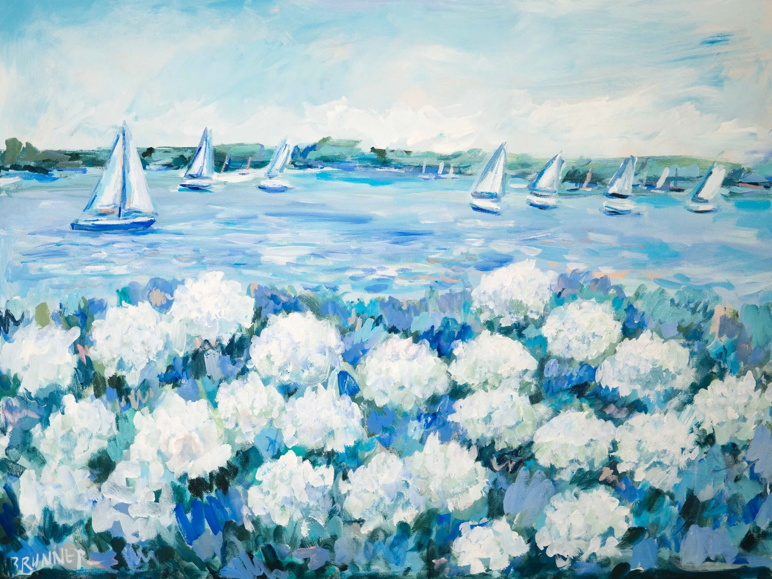 blue and white hydrangeas and sailboats paintings by Michelle Brunner