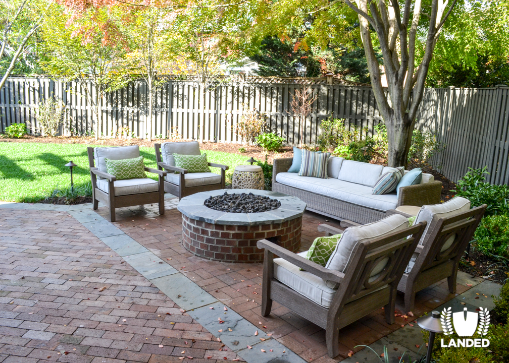Outdoor Living Space: Brick Patio, Fire Pit, and Patio Furniture | Landed – Landscape Designers