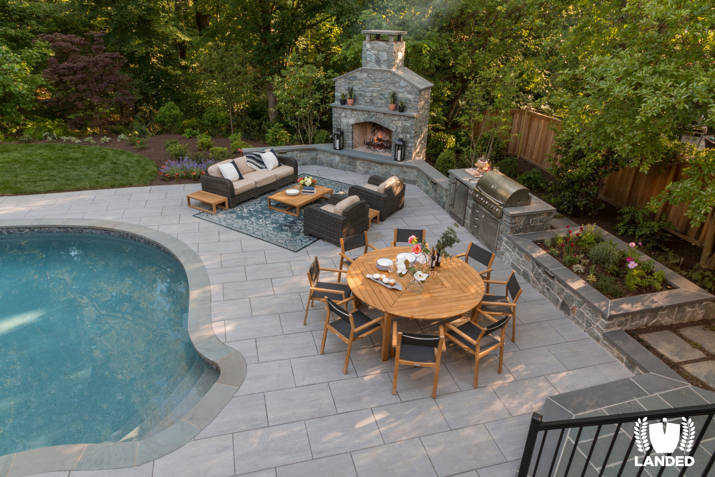  outdoor fireplace, pool. backyard, outdoor living, outdoor kitchen, patio 