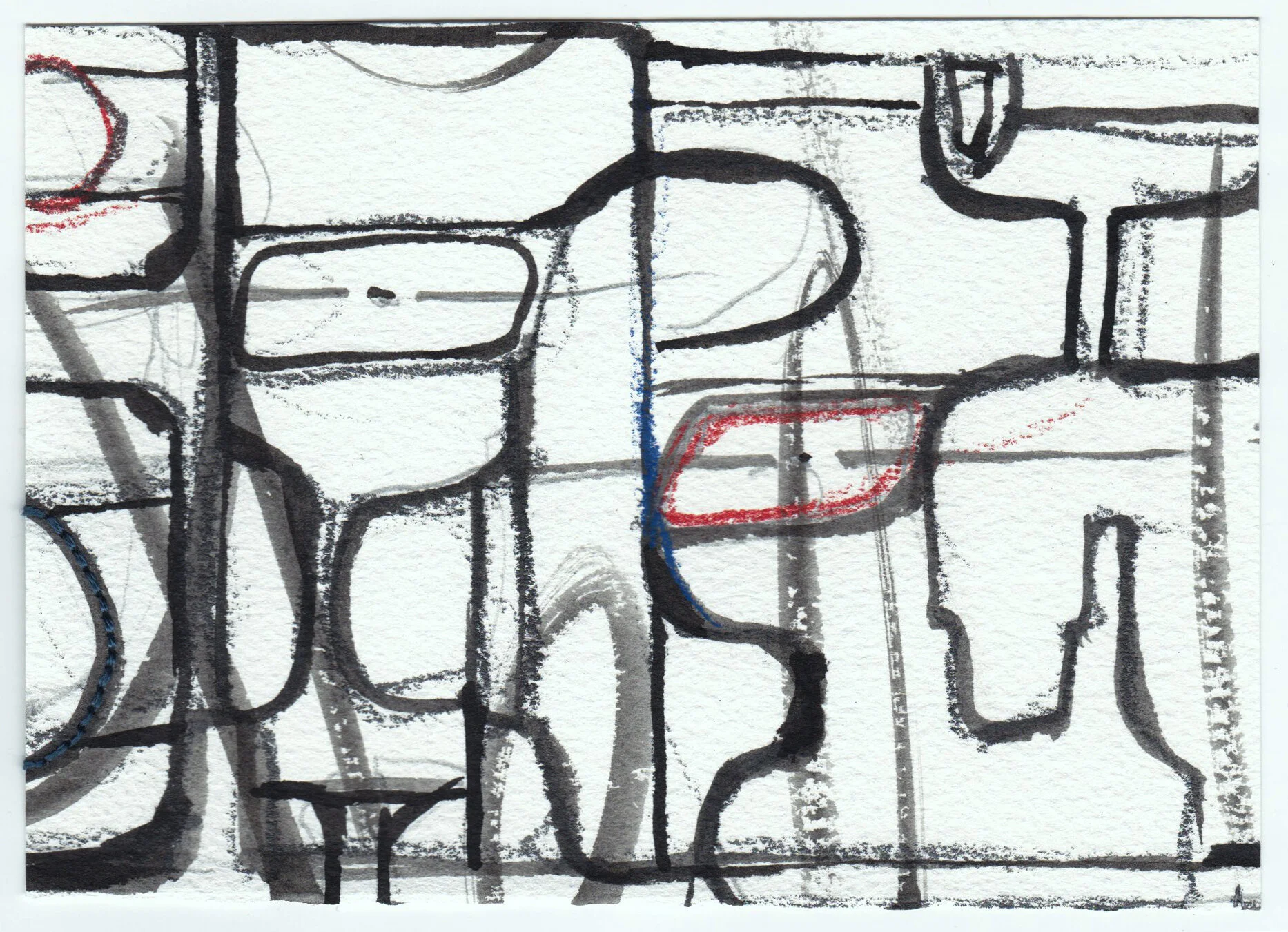 What Holds Us Together, Series 2, no. 15. Graphite, ink, colored pencil and cotton floss on paper, 4.25x6”. 2020