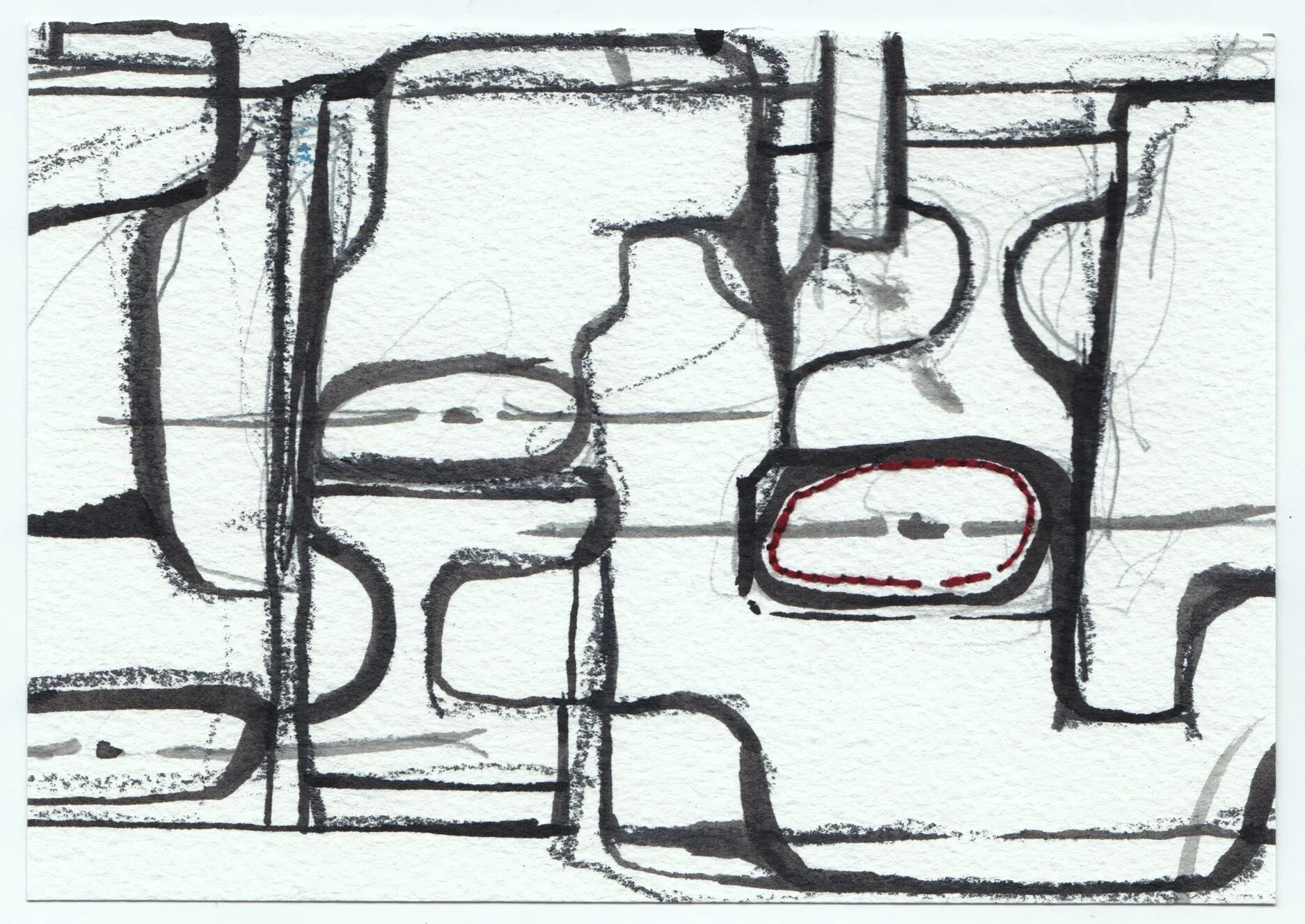 What Holds Us Together, series 2, no. 16. Graphite, ink, colored pencil and cotton floss on paper, 4.25x6”. 2020