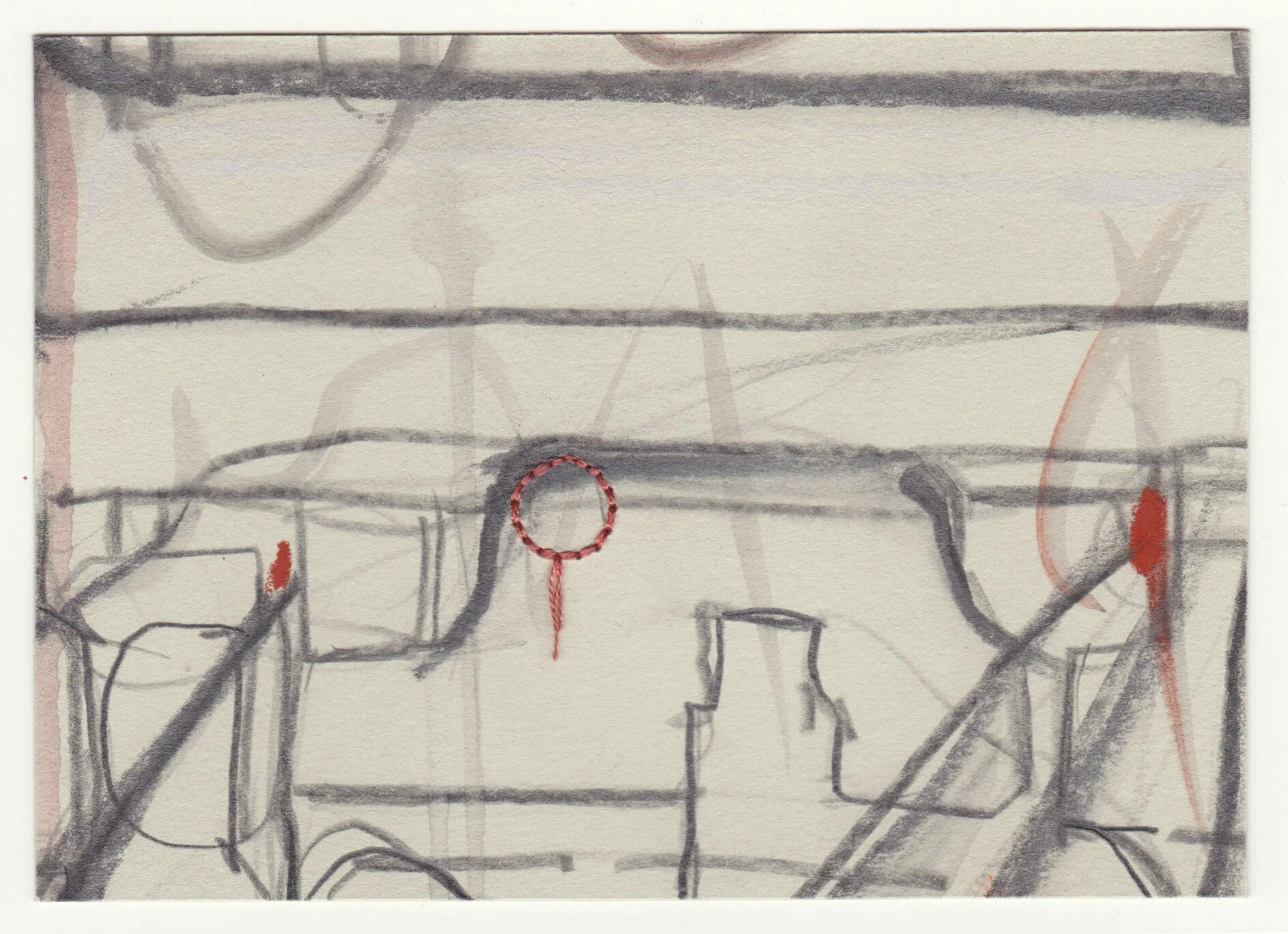 What Holds Us Together, series 3, no. 19. Graphite, pastel and cotton floss on paper. 2020