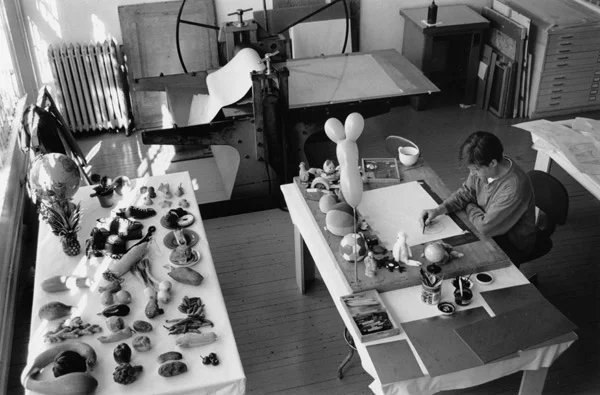 Donald Baechler working on a series of color aquatints, 1999.