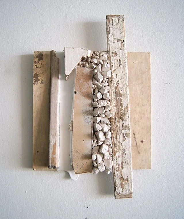 drywall, paint, and wood on plywood. 
2017