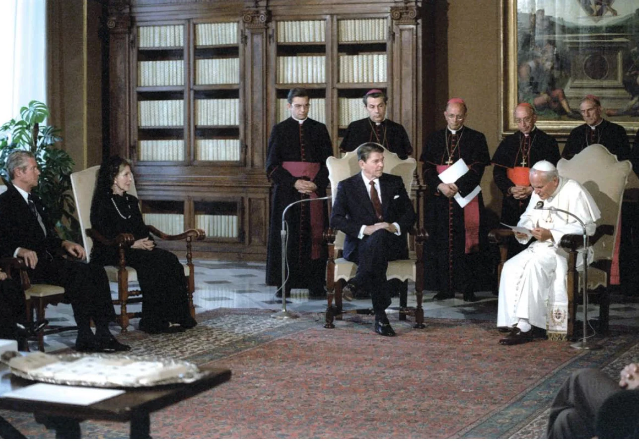 President and Mrs. Reagan visit Pope John Paul II in the Vatican on June 7, 1982. Reagan’s CIA Director William Casey worked with the Vatican  in secretly supporting the Solidarity movement.