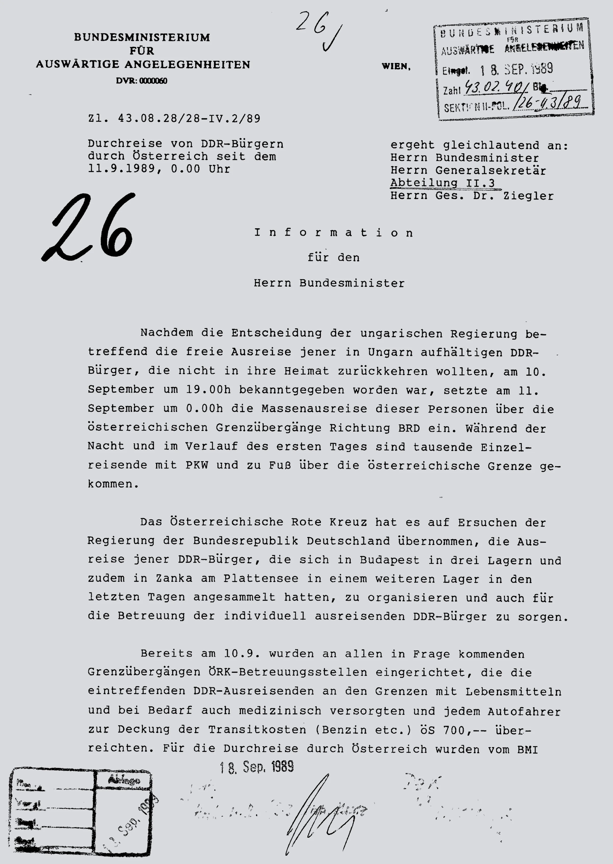 In this document, an Austrian Foreign Ministry official briefs Foreign Minister Mock about the flood of “citizens of the German Democratic Republic” that started to cross the Austrian border from Hungary beginning at midnight on September 11.A total…