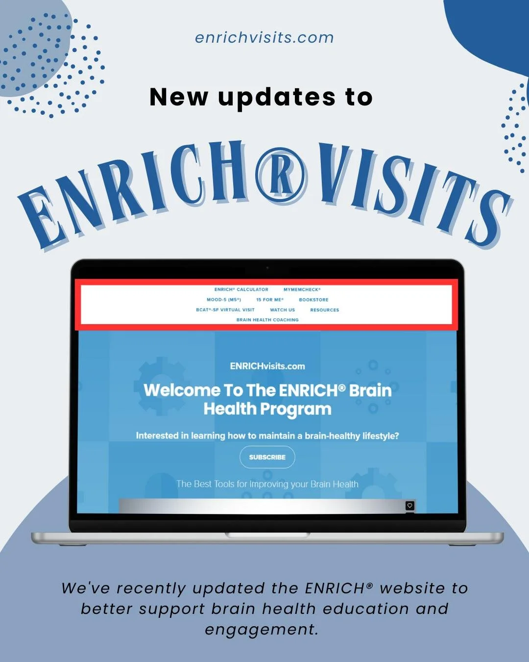 We've recently updated the ENRICH&reg; Visits site to better support brain health education. 🧠

Check out the new pages on the site including:

-The Brain Health Coaching Tab which provides information about the National Brain Health Center and the 
