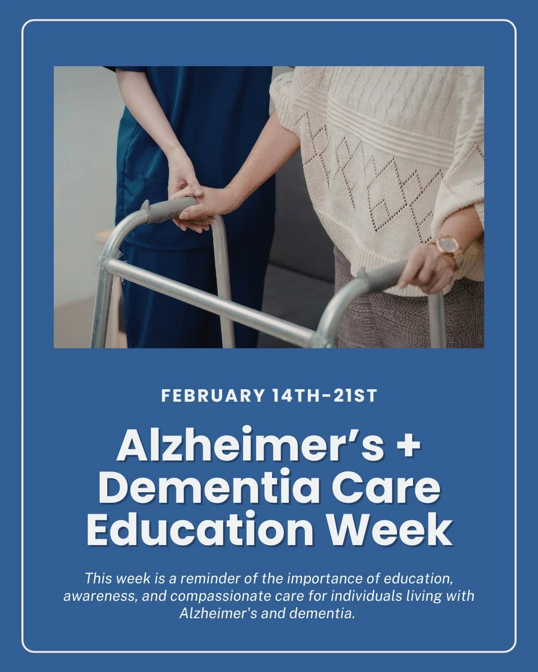 February 14-21st is National Alzheimer's and Dementia Care Education Week. 🧠

This week is a reminder of the importance of education, awareness, and compassionate care for individuals living with Alzheimer's and dementia. 

🧠Early detection matters