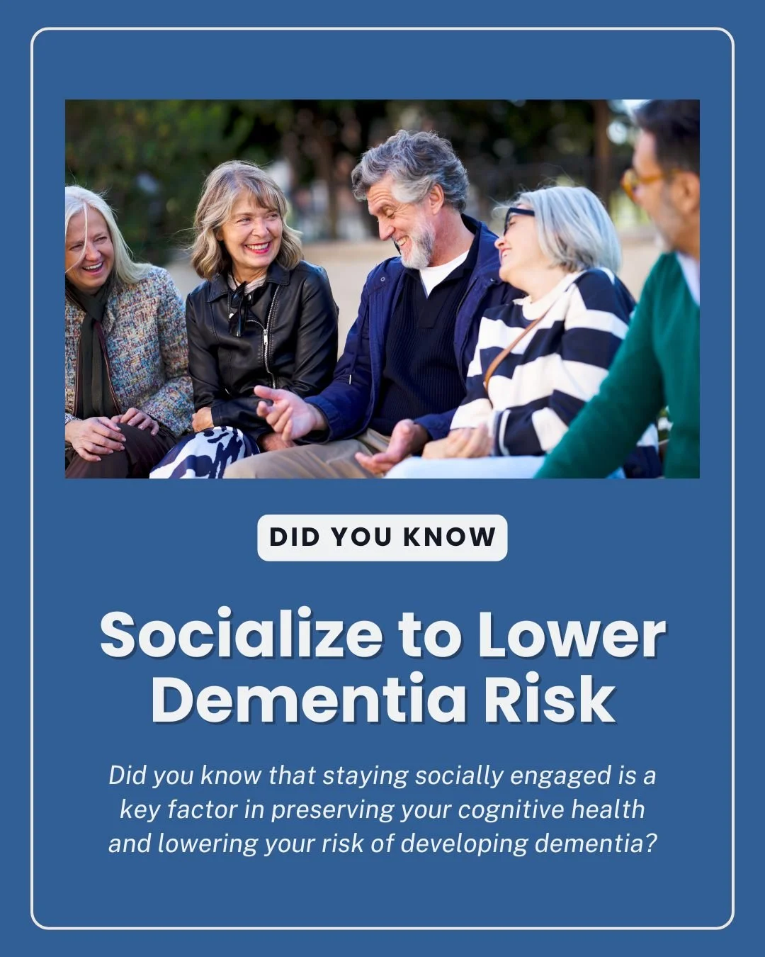 Did you know staying socially connected is more than just enjoyable - it's important for your brain health? 

Meaningful interactions with friends, family, and your community can help reduce the risk of cognitive decline, boost mood, and keep your mi