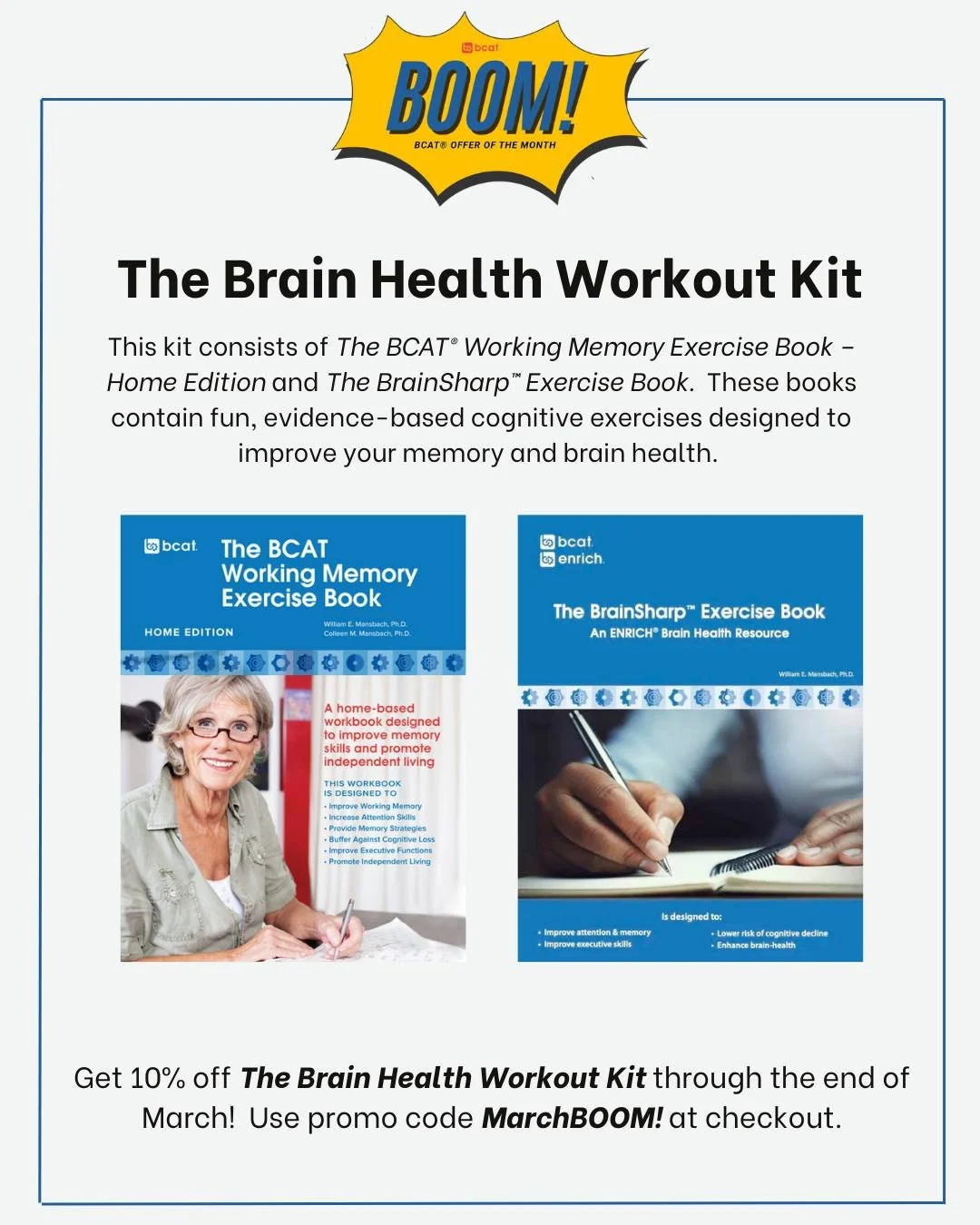 This is the last week to take 10% off "The Brain Health Workout Kit"! 

'The Brain Health Workout Kit' offers a complete "whole brain" workout to help enhance memory, focus and mental clarity. 🧠

Regularly completing exercises fo