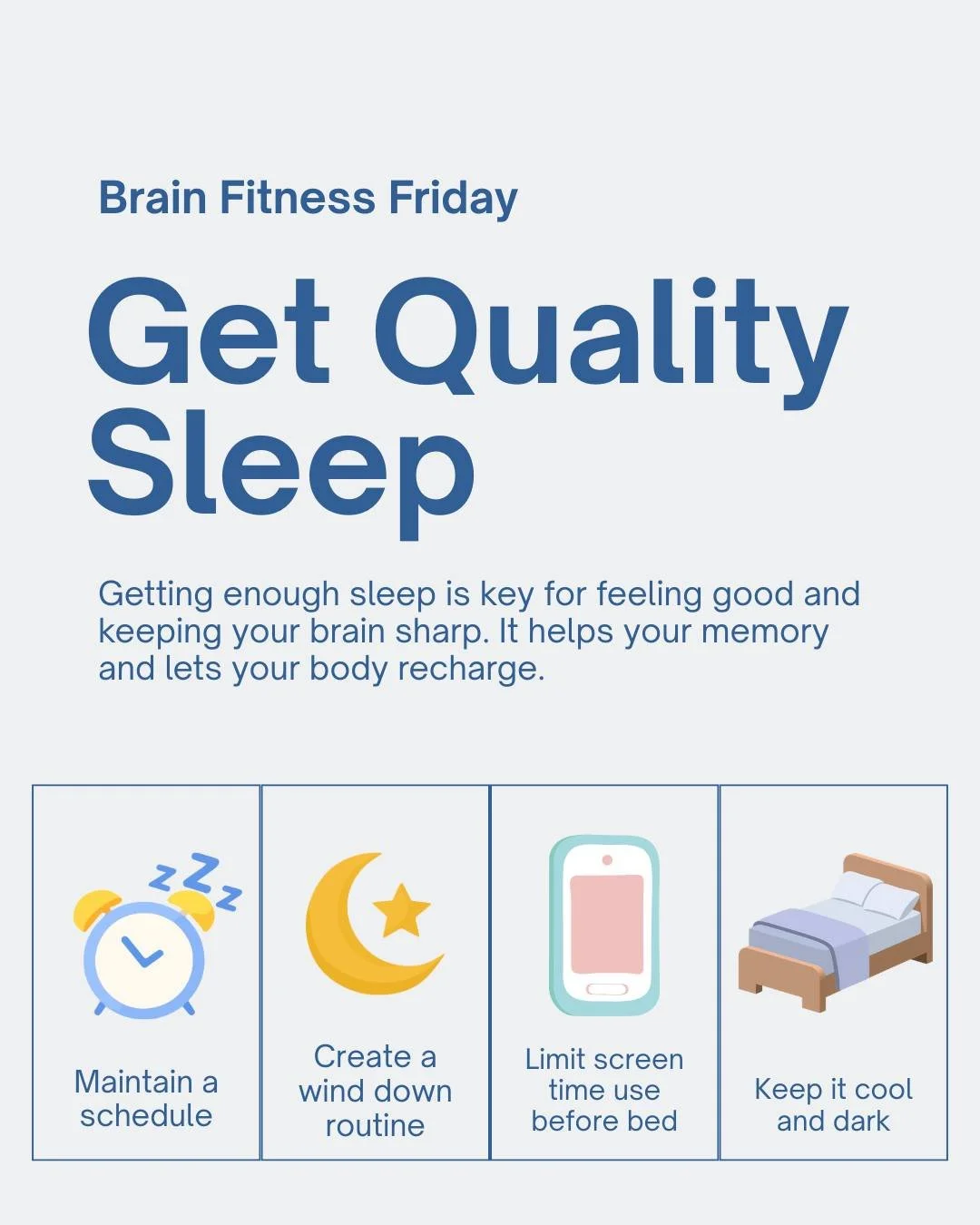 It's Brain Fitness Friday! Quality sleep is essential for brain health. 💤🧠

Research shows that consistent, restorative sleep may reduce the risk of cognitive decline and dementia. Treat your bedtime routine like an essential part of your wellness 