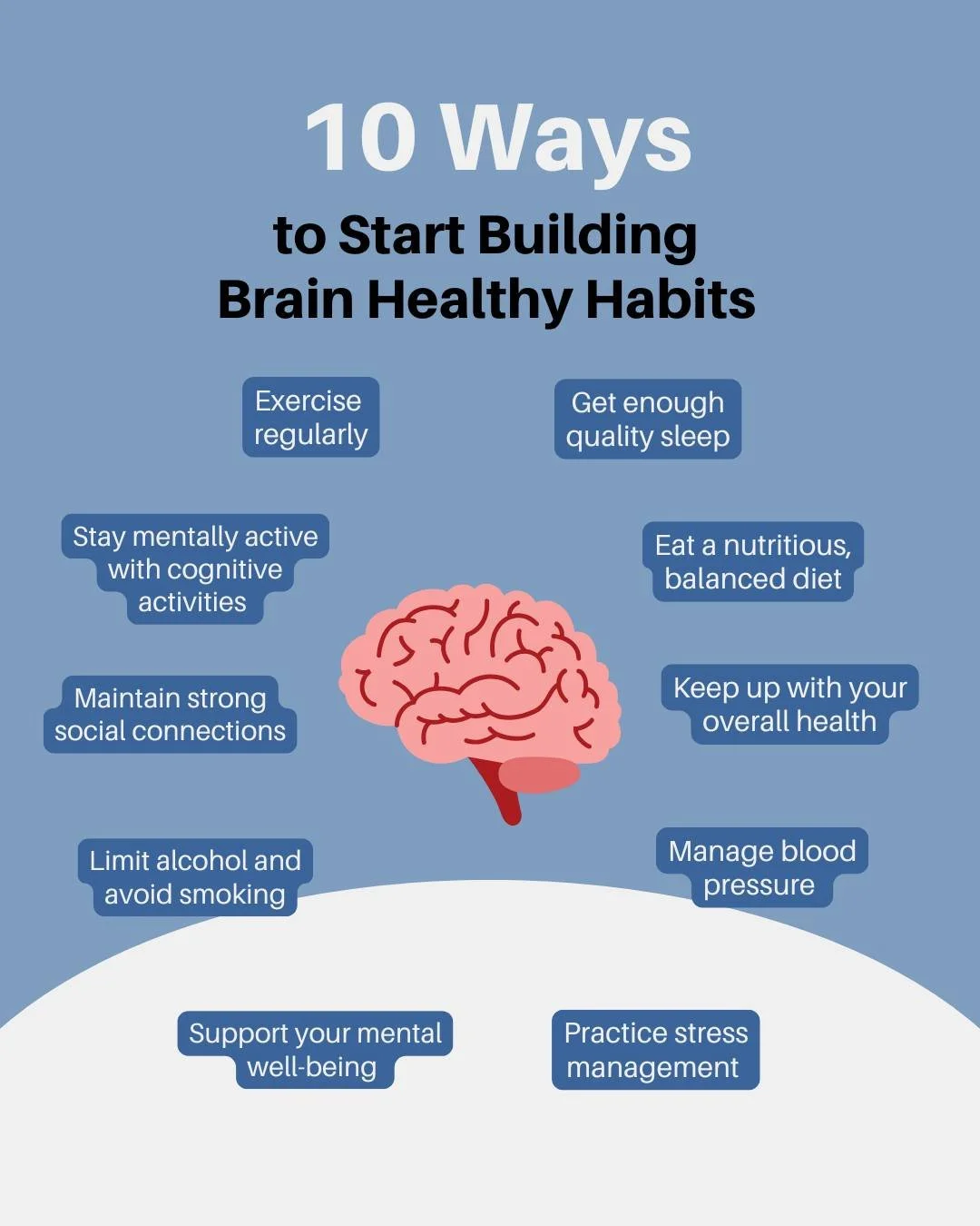 Taking care of your brain health is vital for your overall well-being. 

Healthy habits can help support memory and long-term cognitive wellness. 

Here are a few ways to promote a brain healthy lifestyle: 

✨Exercise regularly 
✨Get enough quality s
