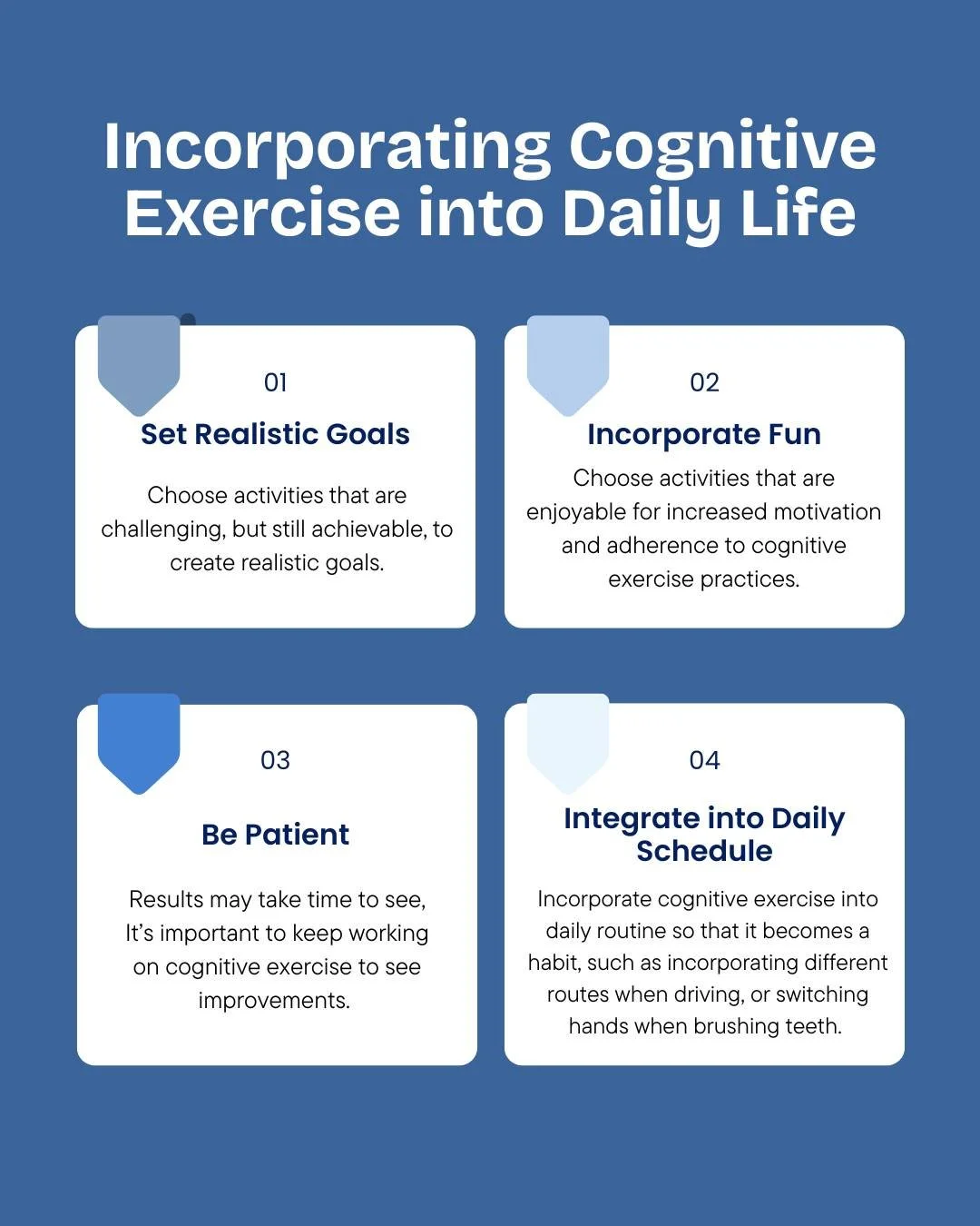 It's Memory Monday! 🧠

Incorporating cognitive exercises into your daily routine is an important part of supporting brain health and maintaining a healthy lifestyle as you age. 

Here are four tips to make brain exercises easier to stick with: 
-Set