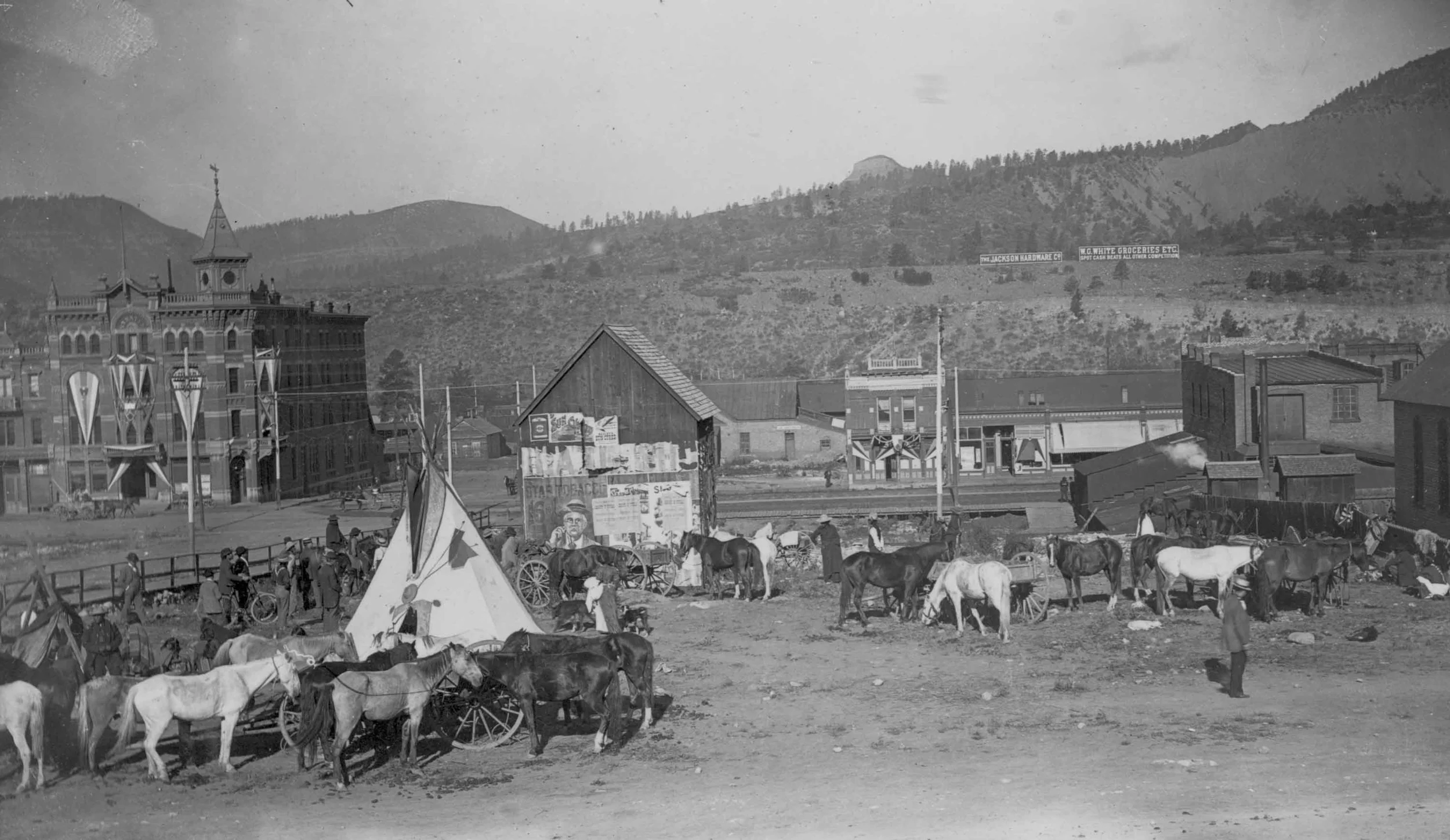Iconic 1890's scene of downtown Durango where the Utes would trade and camp. Note the Strater Hotel on the far upper left. Courtesy, La Plata County Historical Society
