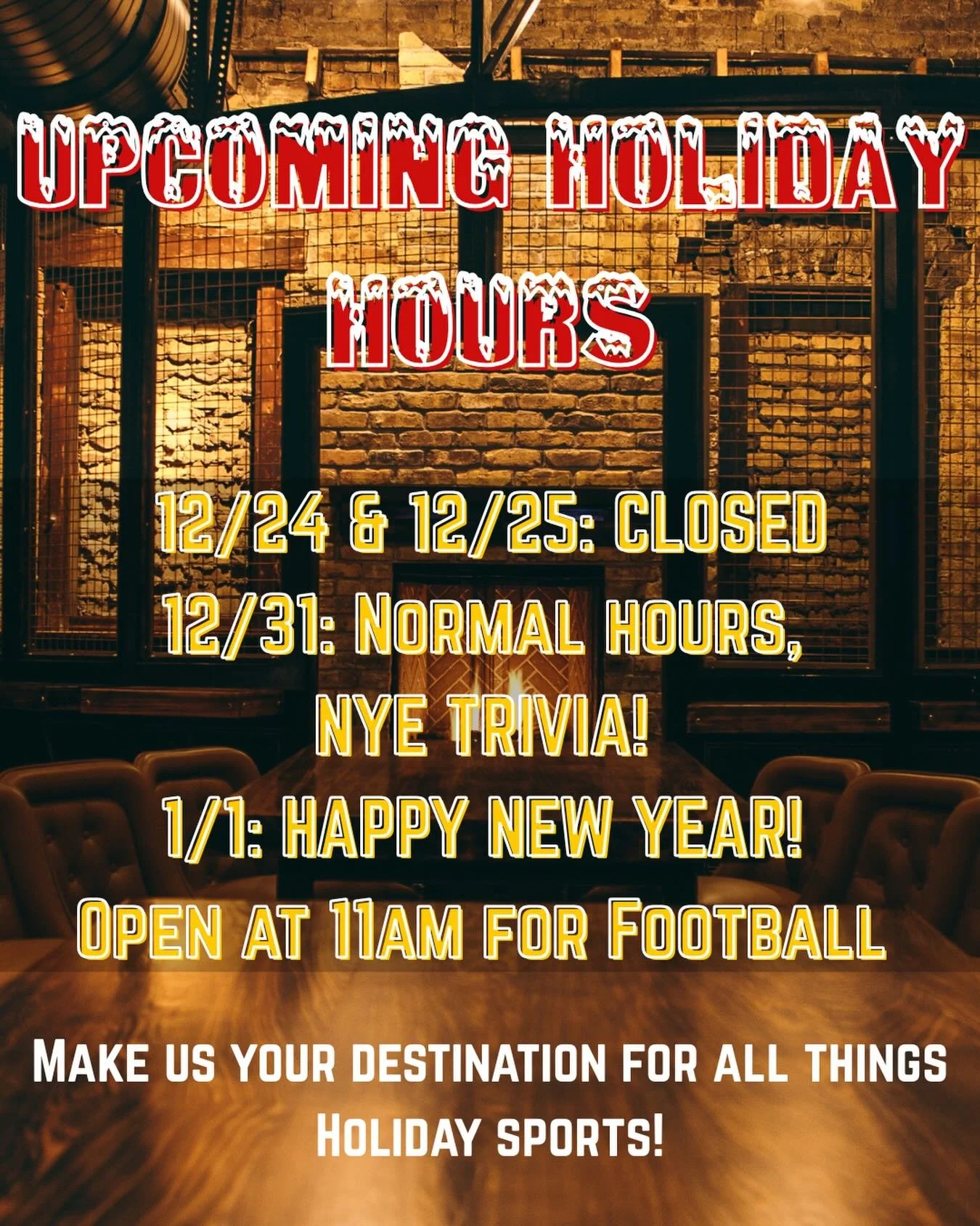 Make Moonlighter your destination for Holiday sports! We&rsquo;re closed Christmas Eve and Day, open at 3pm 12/26, hosting NYE Trivia and the Cotton Bowl,then ringing in the New Year opening at 11am NYD!  Orange Bowl at Noon, Rose Bowl 4pm and Sugar 