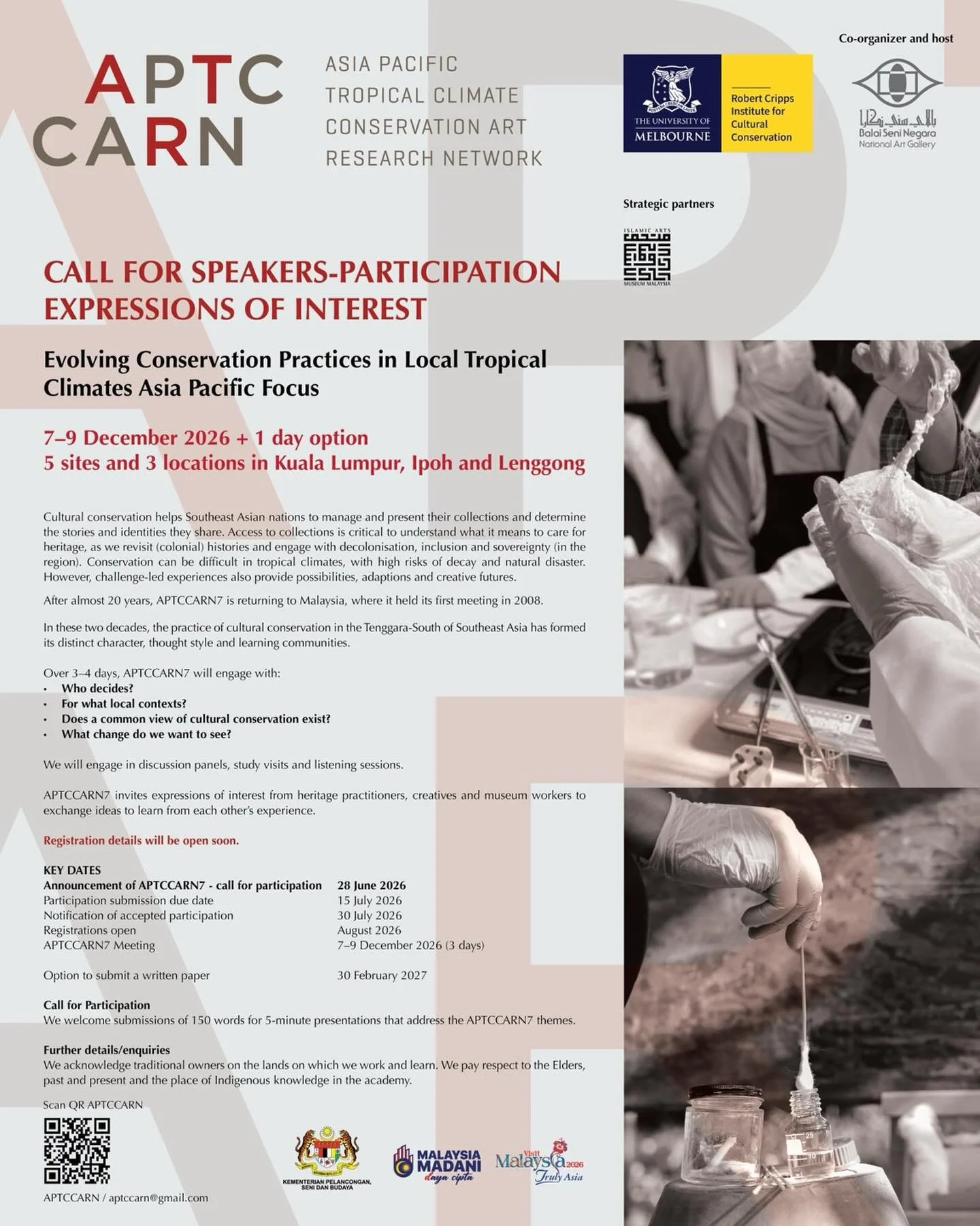 Join us for APTCCARN7, we&rsquo;re returning to Malaysia with the National Art Gallery after some 20 years!
aptccarn.com/aptccarn7