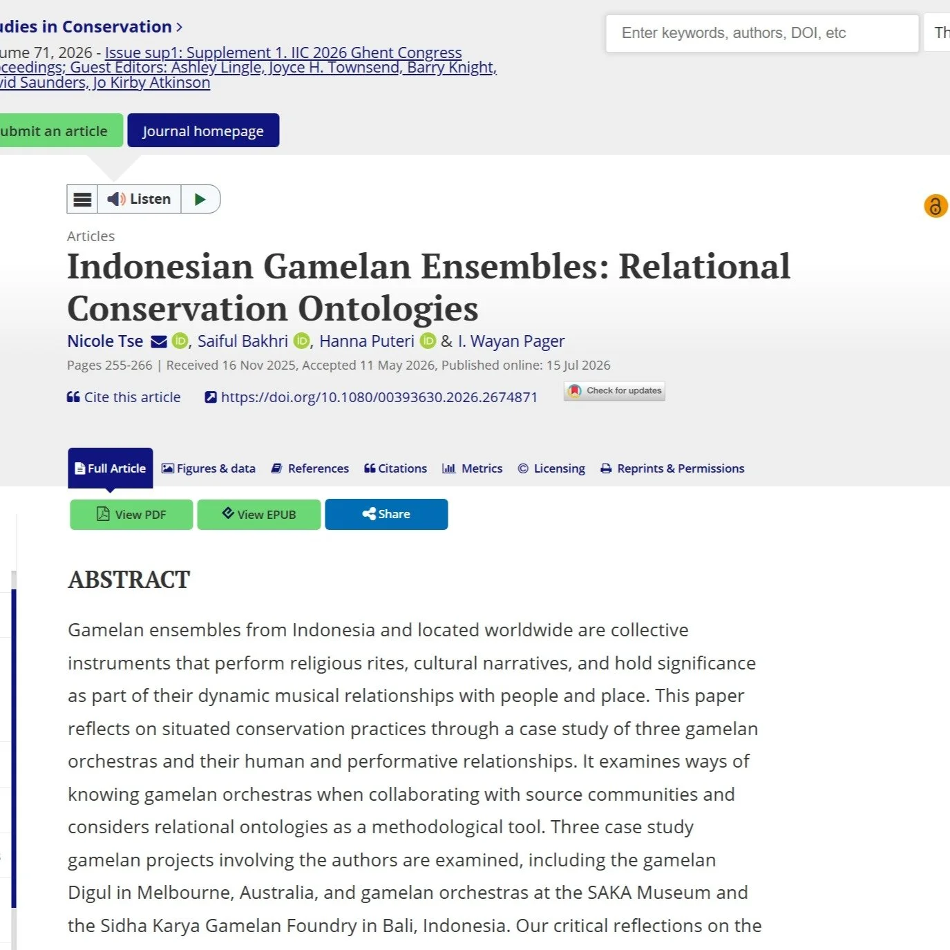 Tse, N., Bakhri, S., Puteri, H., &amp; Wayan Pager, I. (2026). Indonesian Gamelan Ensembles: Relational Conservation Ontologies. Studies in Conservation, 71(sup1), 255&ndash;266. https://doi.org/10.1080/00393630.2026.2674871

https://www.tandfonline.
