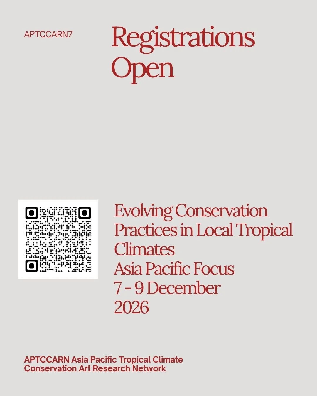 Join us at APTCCARN7 from December 7-9, 2026, in Malaysia with @nationalartgallerymy to explore evolving cultural conservation practices in tropical climates. We'll engage with 5 sites, 3 locations, 4 keynotes and 32 speakers and dive into discussion