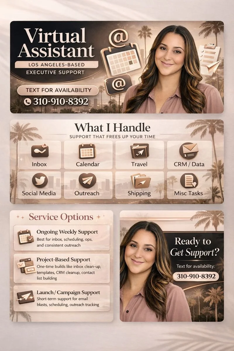Virtual assistant services in Los Angeles graphic showing executive support, tasks handled, service options, and how to get availability.