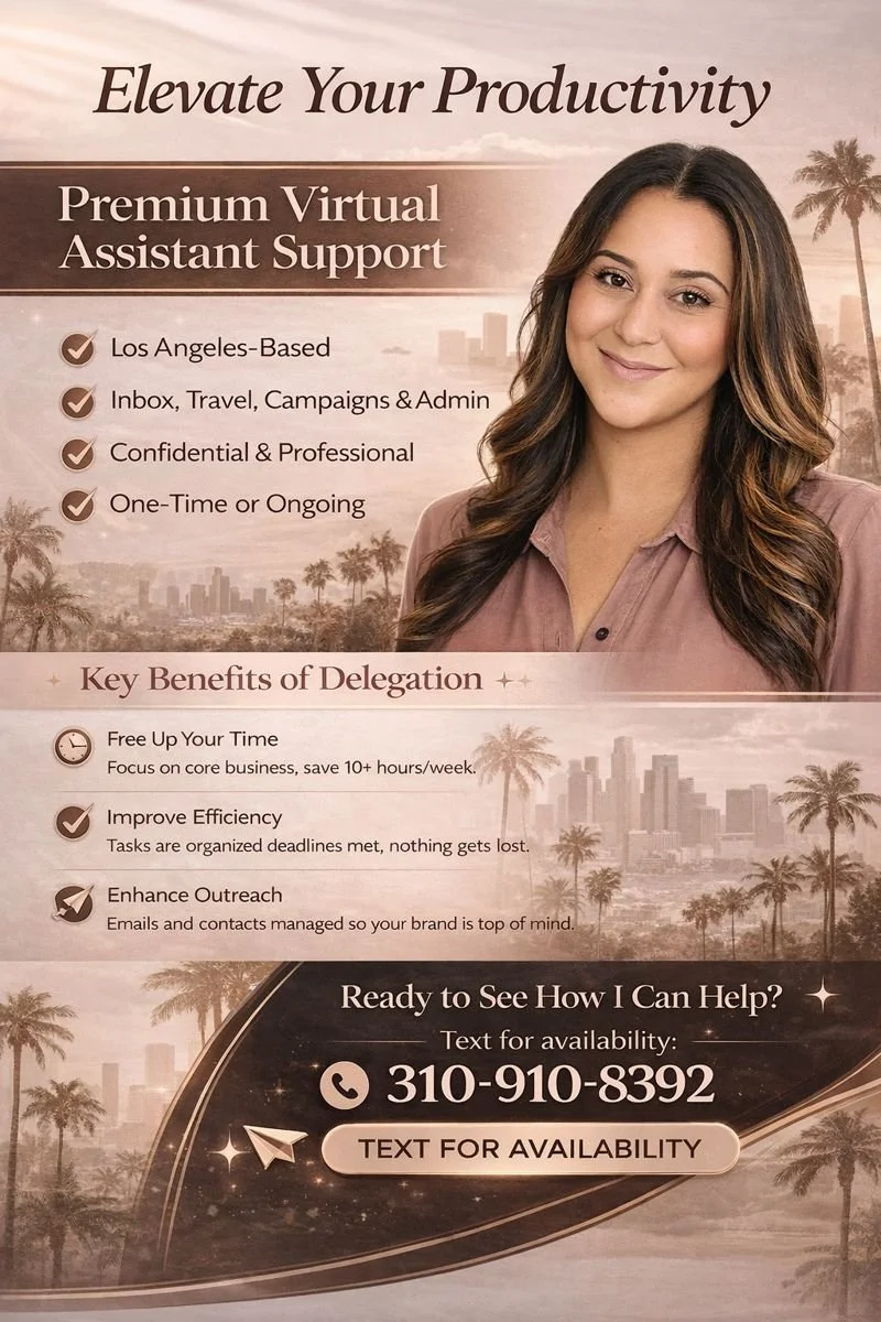 Premium virtual assistant support flyer for Los Angeles with key benefits and text-for-availability contact information.