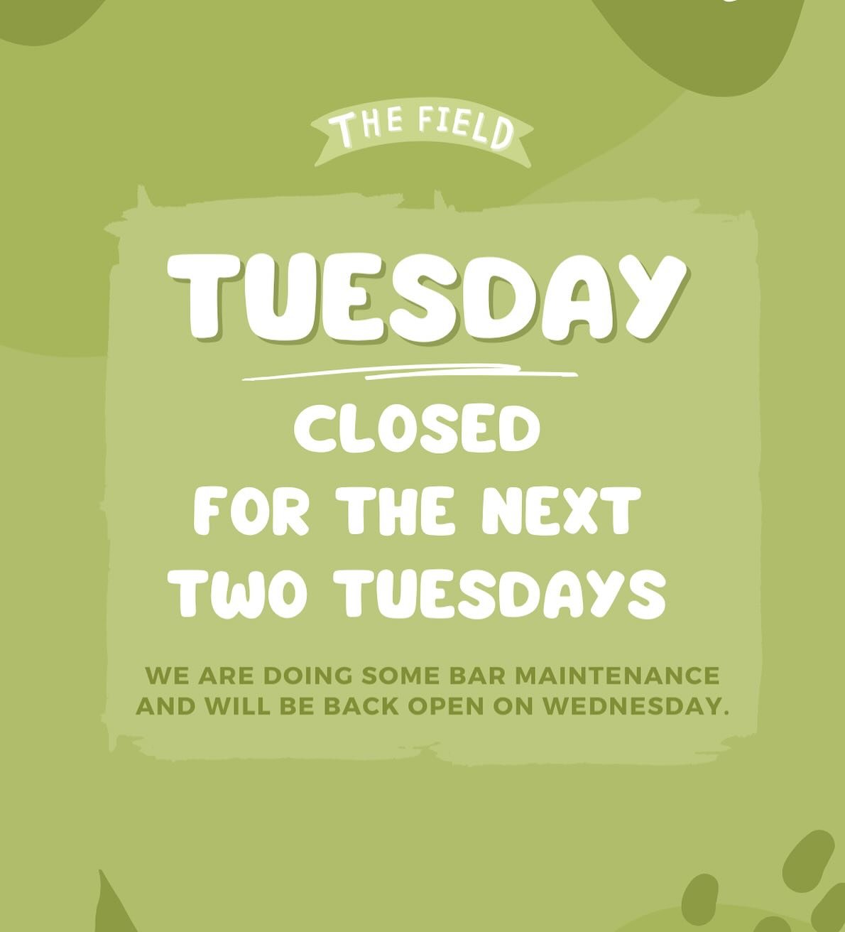 CLOSED for the next TWO TUESDAYS. 
🌿🌿 we are doing some bar maintenance. 🧑&zwj;🔧 

Back on Wednesday for our $15 Parmi night! 
🤤 
-
-
-

#thelocalsbackyard #homeawayfromhome #thefieldbar #thefieldateastsrugby #rosebay #bellevuehill #rosebaypub #