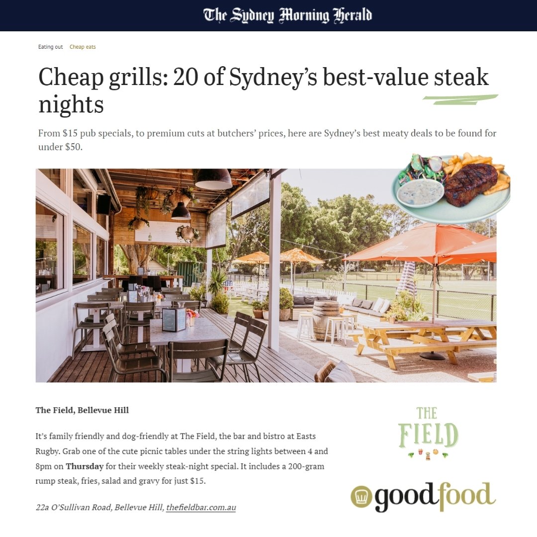 LOOK AT THAT 🤩✨ &quot;Sydney&rsquo;s best-value steak nights&quot; and The field is right up there! 🥩 

Speaks for itself, do yourself a favour and come on down and indulge in one of our classic 250G* Rump Steaks 🥩 served with our famous Fat Boy F