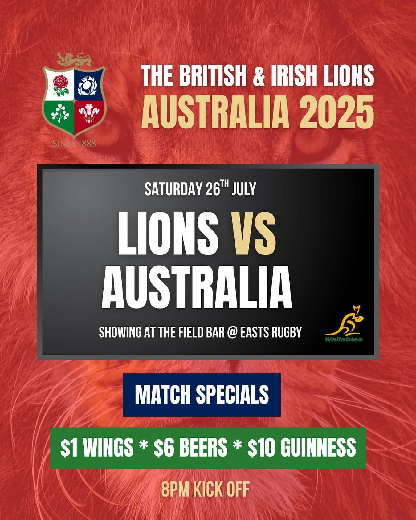 🏉 Watch the Lions Game at The Field! 

We&rsquo;re showing the Lions v Wallabies match this Saturday 27 July on 6 big screens &ndash; no bad seats, just big hits and good vibes.

Kick-off at 8PM &ndash; get in early for:

 🔥 $1 Wings
 🍺 $6 Beers
 