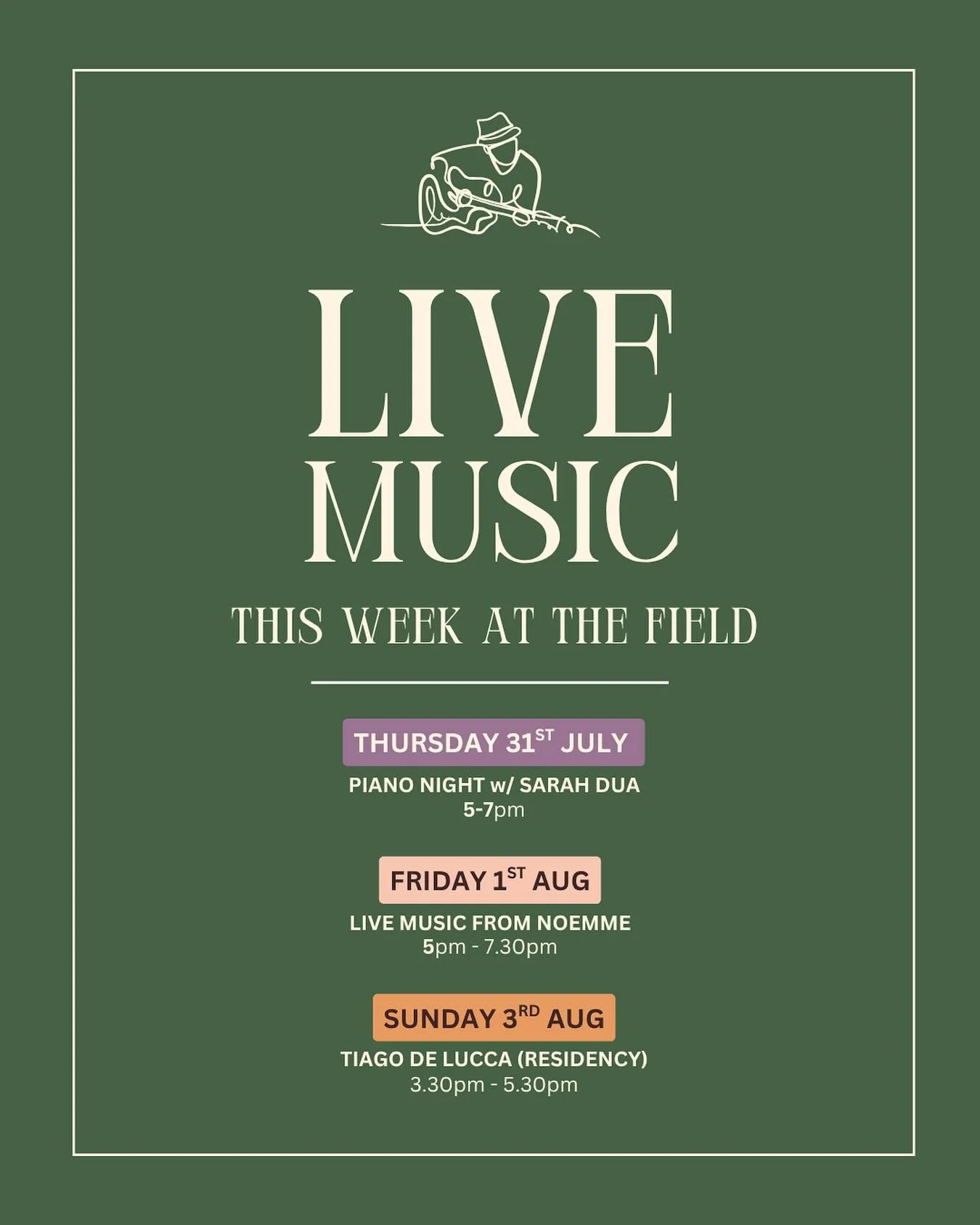 🎶 LIVE MUSIC THIS WEEK @ THE FIELD 🎶

Settle in, sip something cold, and enjoy the sounds of local talent all week long.

🗓️ Thursday 31 July, 5-7pm
🎹 Piano Night w/ Sarah Dua

🗓️ Friday 1 August, 5pm&ndash;7.30pm
🎤 Live Music from @noemmemusic