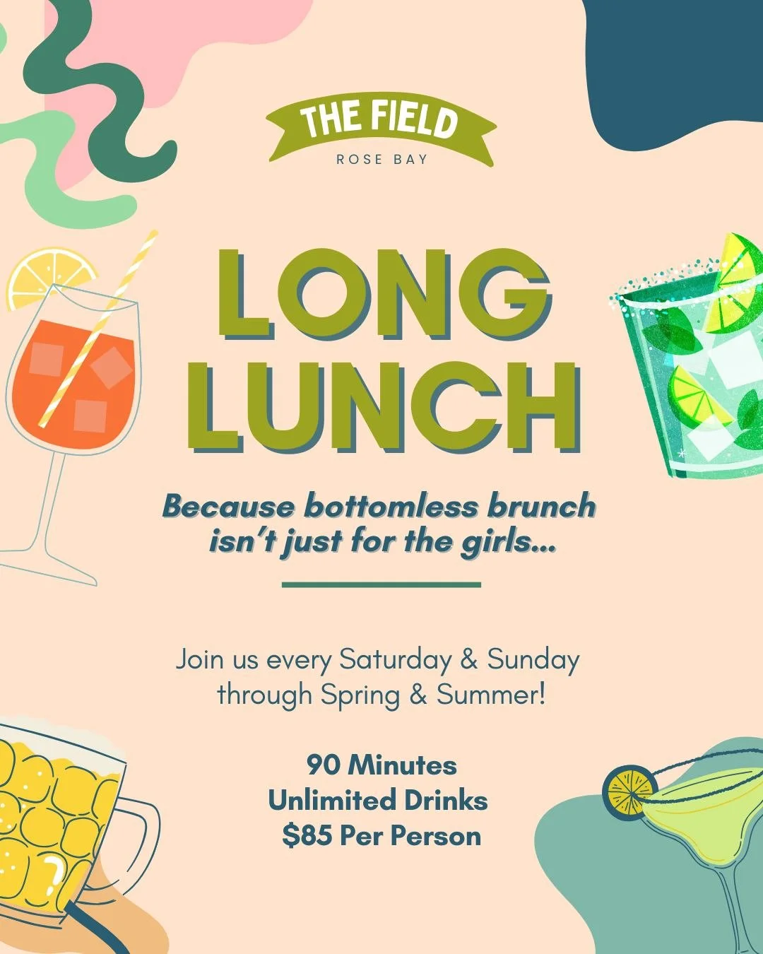 Spring is here, footy season is done&hellip; so what's next?

The Field Long Lunch 🙌🌮🍸🍺

Every Saturday &amp; Sunday right through Spring &amp; Summer, gather your mates for:
 -  2 rounds of share plates (think sliders, tacos, arancini &amp; more