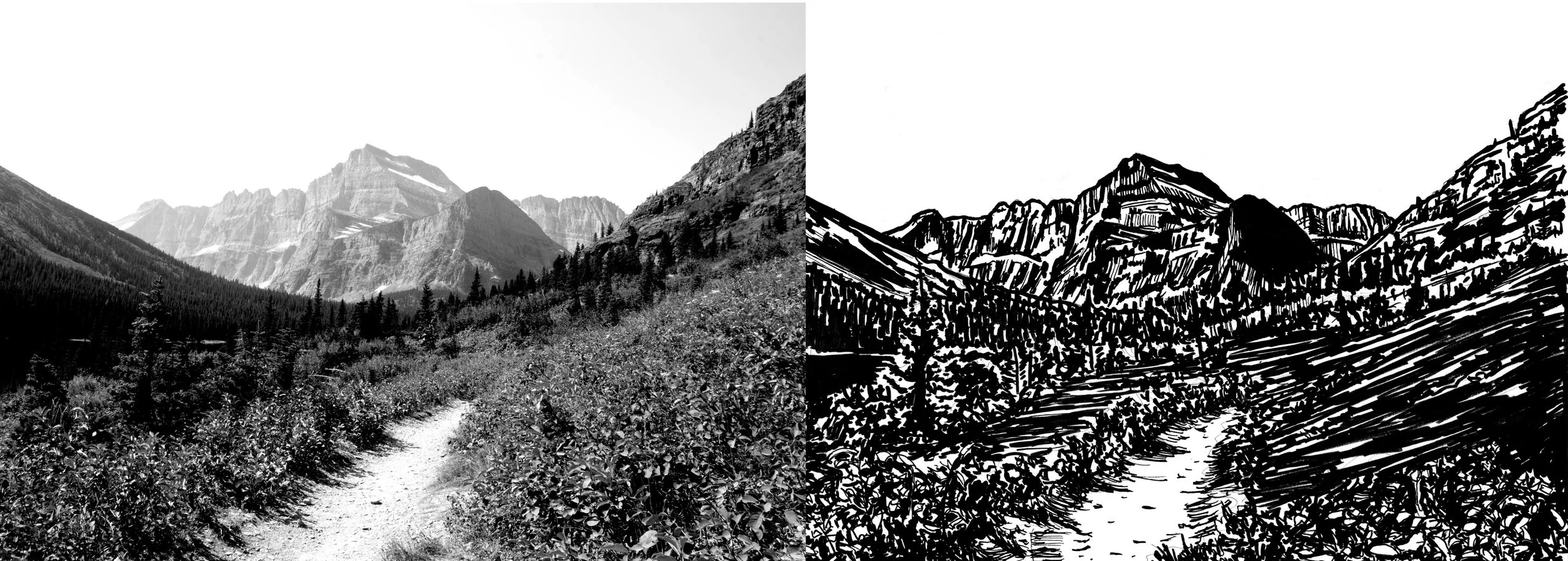 On the left is the photo I used for the print. I increased the black and white points to give more contrast. On the right is my finished ink drawing. I spend a lot of time on the drawing and treat it like its own piece of work too. This allows me to go into the carving process with a better grasp of the final image. 