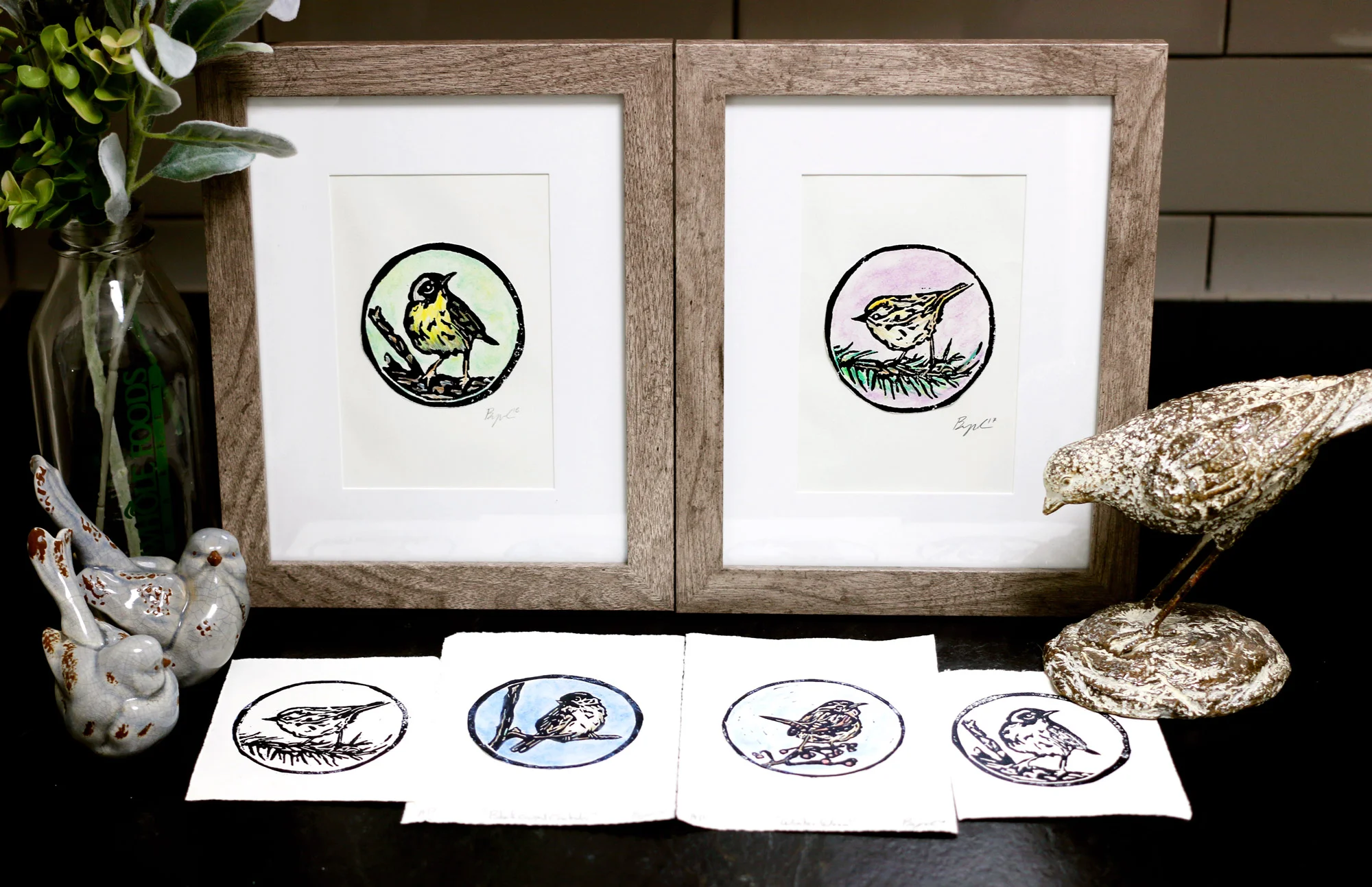 The birds from left to right are: top left in frame, Yellowthroat warbler, top right in frame, Golden-crowned Kinglet. Bottom left, Golden-crowned Kinglet, Black Capped Chickadee, Winter Wren, Yellowthroat Warbler.