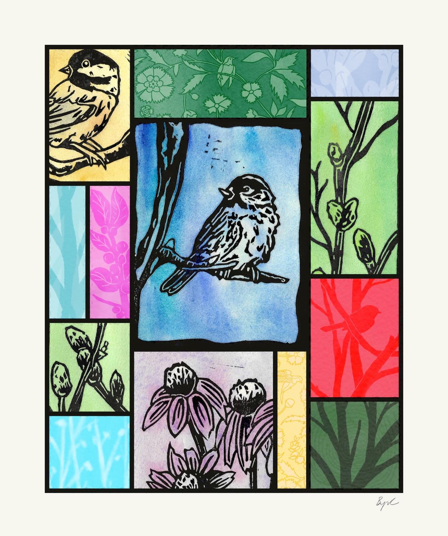 First new piece and start of a new series for 2026! This new body of work is inspired by stained glass, and combines block printing, patterns and illustrations into a cohesive collage. The goal for this work is to have a featured block print, then th