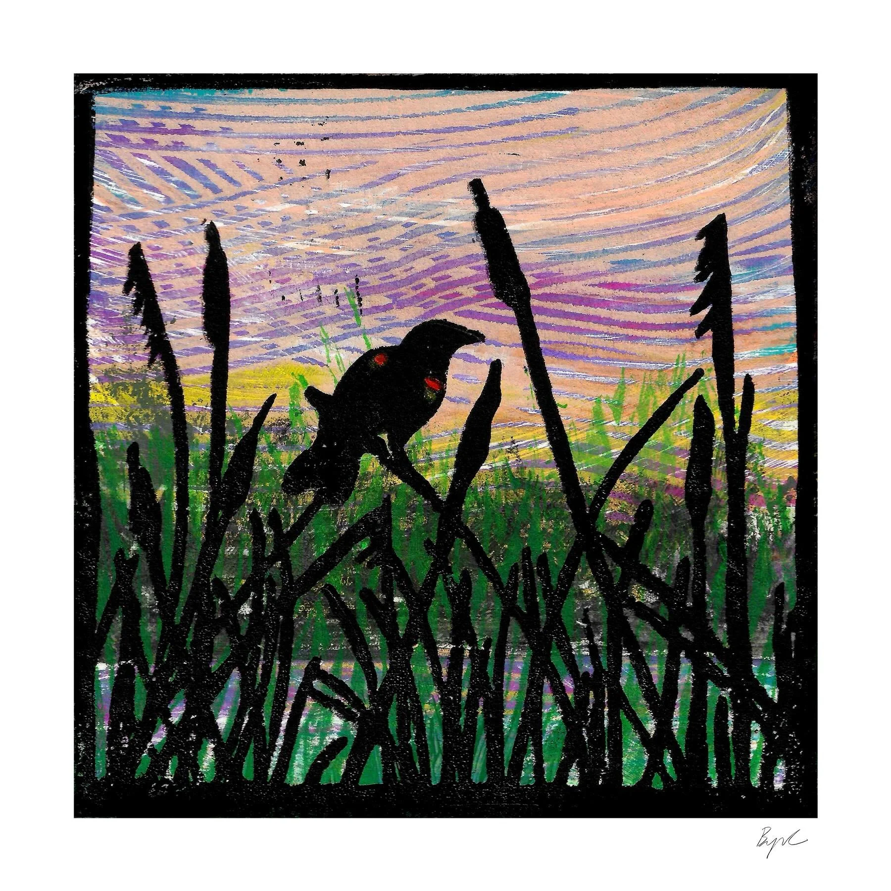 Red winged black bird on the river. This a collage print where I start with a gelli plate and using acrylic paint make multiple layers building up the background. I then carved a block print and printed on top of the layers of gelli plate. Living so 