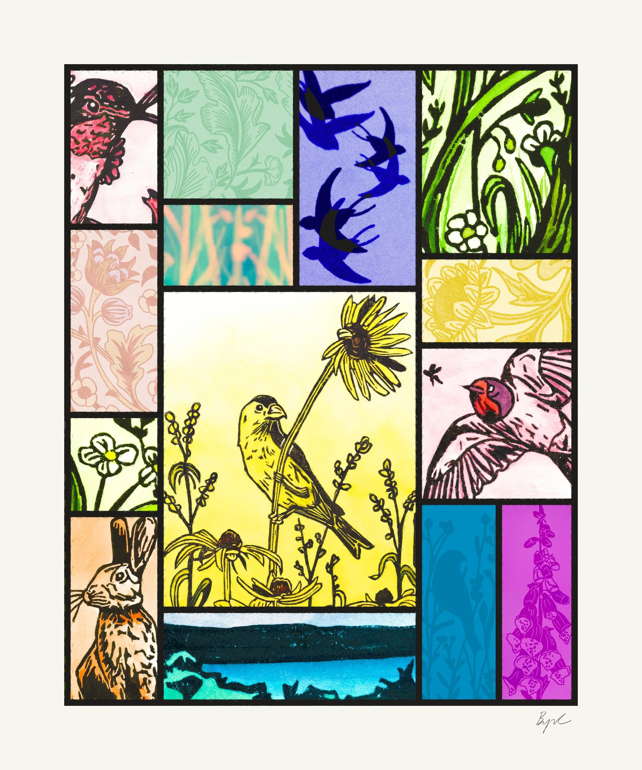 A mini series titled &ldquo;The Sanctuary&rdquo; these pieces were inspired by stain glass windows, and were made by collaging block prints, illustrations, and wallpaper designs I made. They are printed on Arches archival smooth press paper. I will h