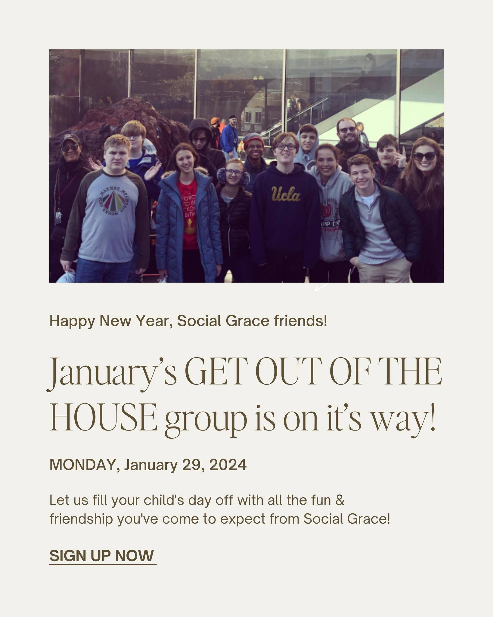 🌟 Welcome to January's 'GET OUT OF THE HOUSE' Group! 🌟

At Social Grace, we're committed to making learning an adventurous and engaging journey for your child's growth. 🌈 

This month is all about fostering confidence, independence, and creating w