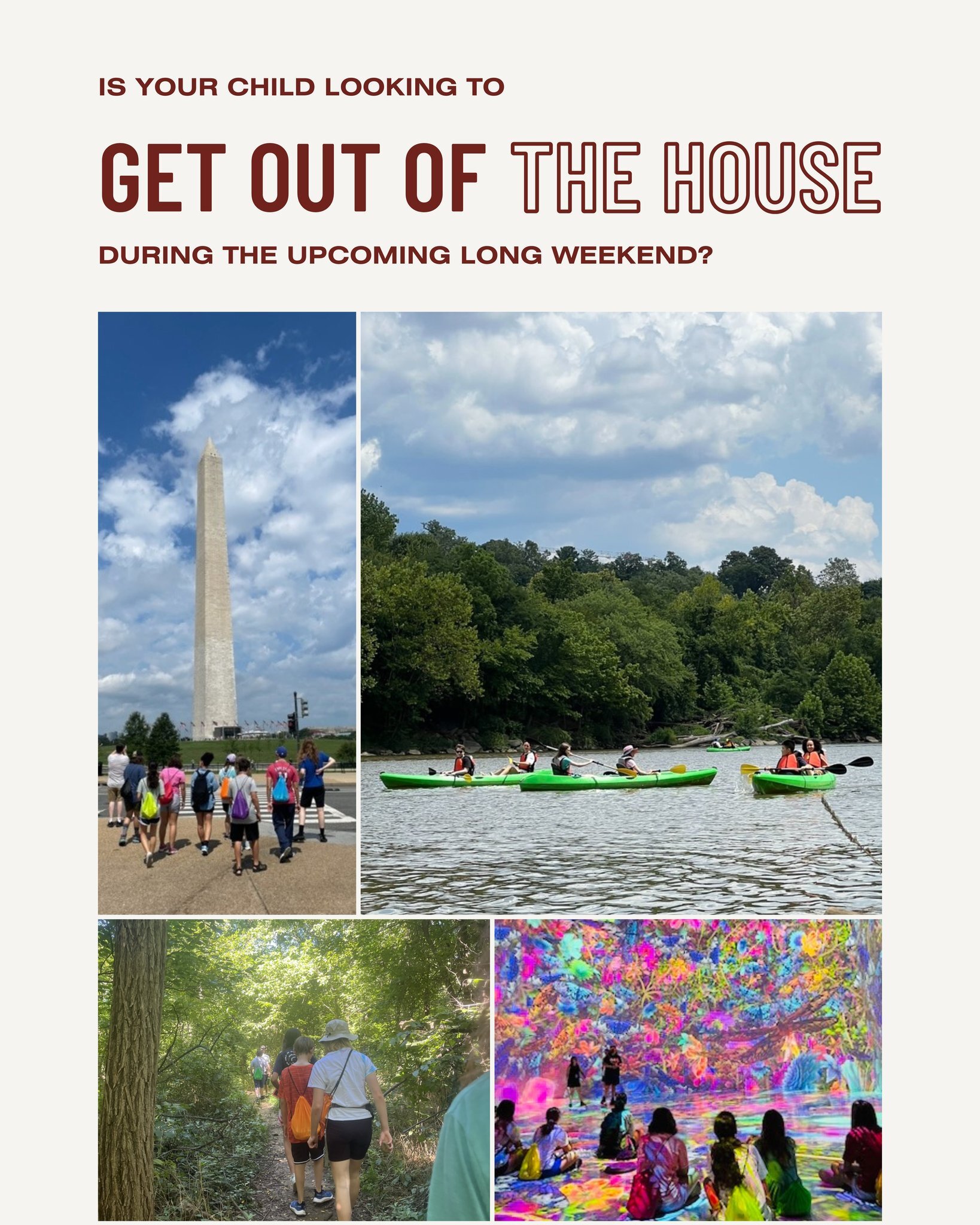 Only a few slots remain! 

Join us for the February GET OUT OF THE HOUSE: School Closure Edition! 🌳

Hey there! 🌟 

Looking to break the monotony and make the most of the school closure on February 19th? Join our special edition of Get Out of the H