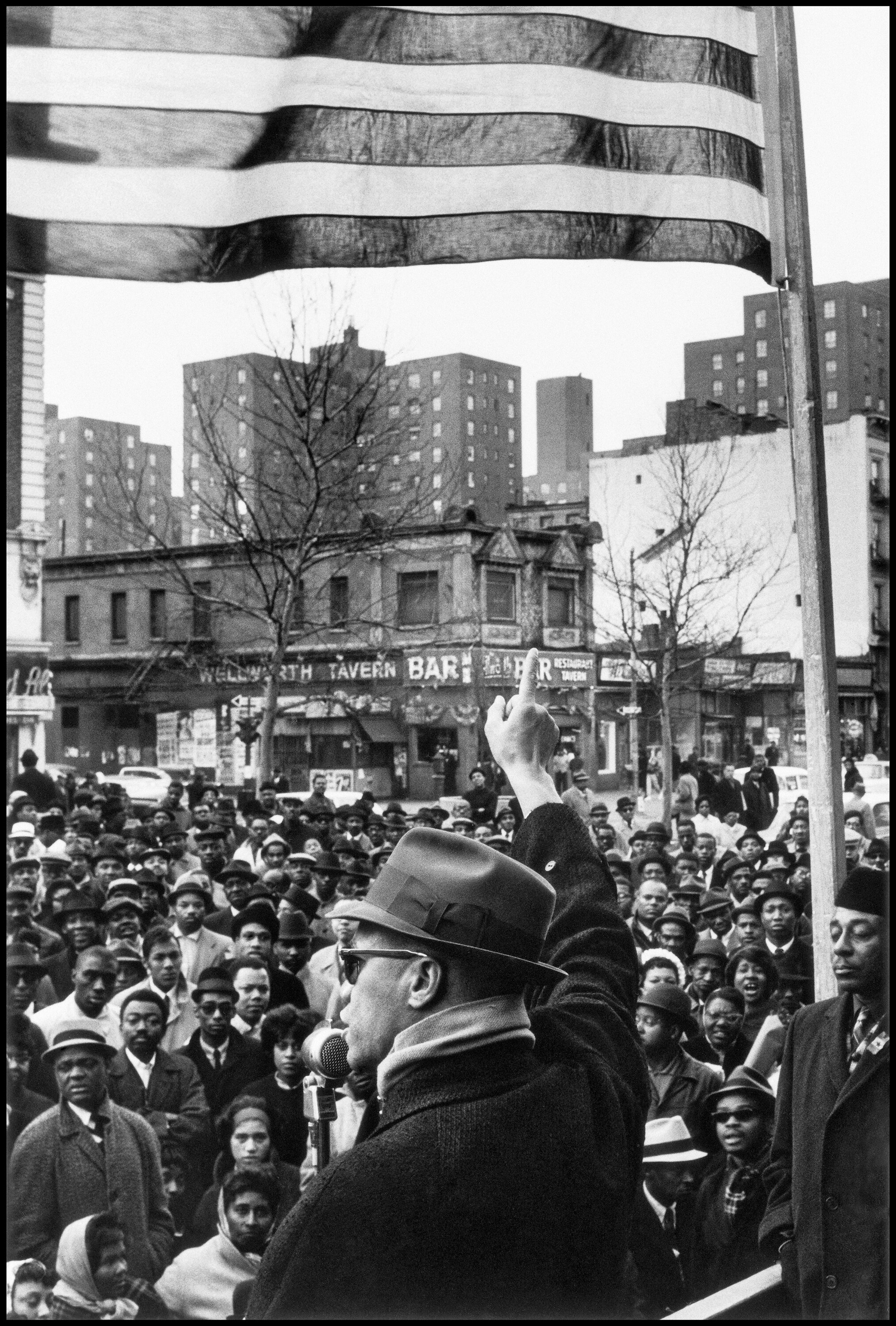  Malcolm X Gives Speech at Rally, Harlem, New York, New York, 1963 Gordon Parks Foundation authentication stamp on verso Gelatin silver print 40 x 30 inches, paper size Edition of 7    Credit: Photograph by Gordon Parks Copyright: Courtesy of and cop