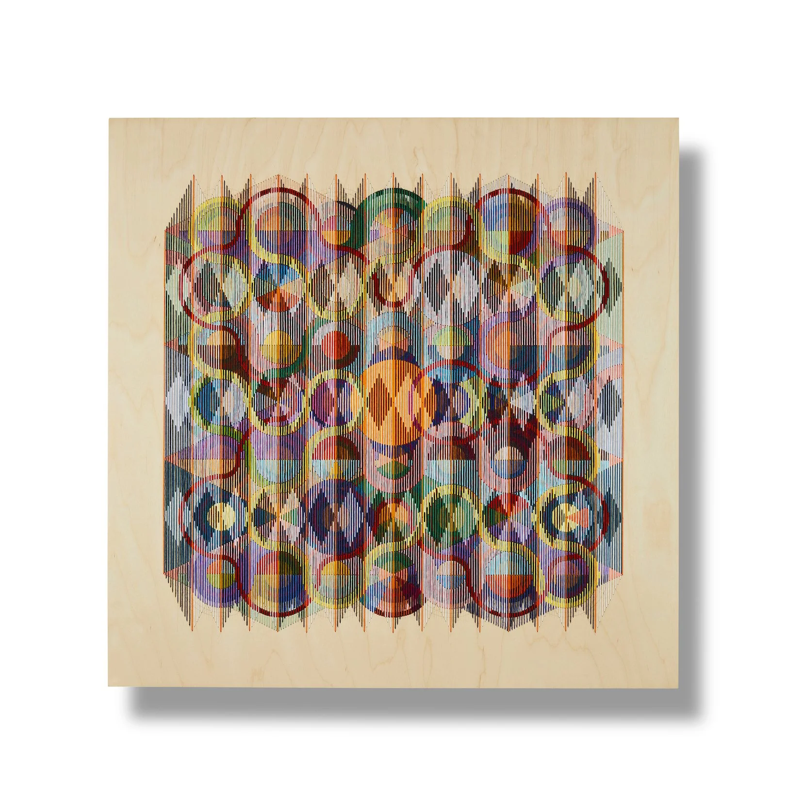 Threads No25 , 2025 Pencil, colored pencil, thread on wood 30 x 30 inches
