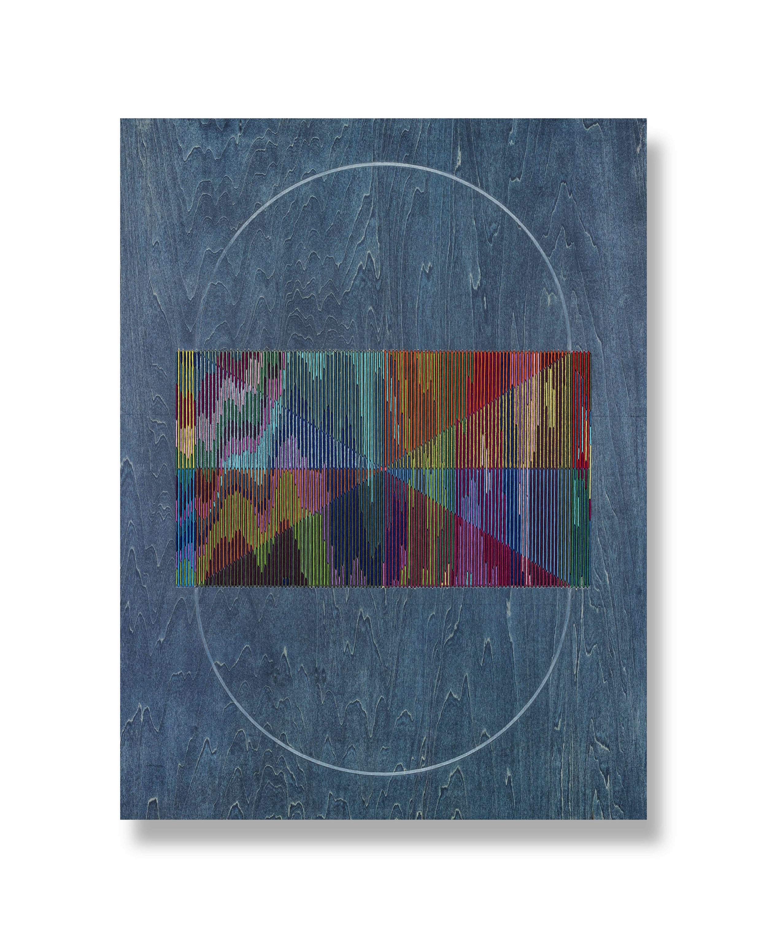   Ingrain No7 , 2026 Pencil, colored-pencil, rubio stain, thread on wood 24 x 18 inches 