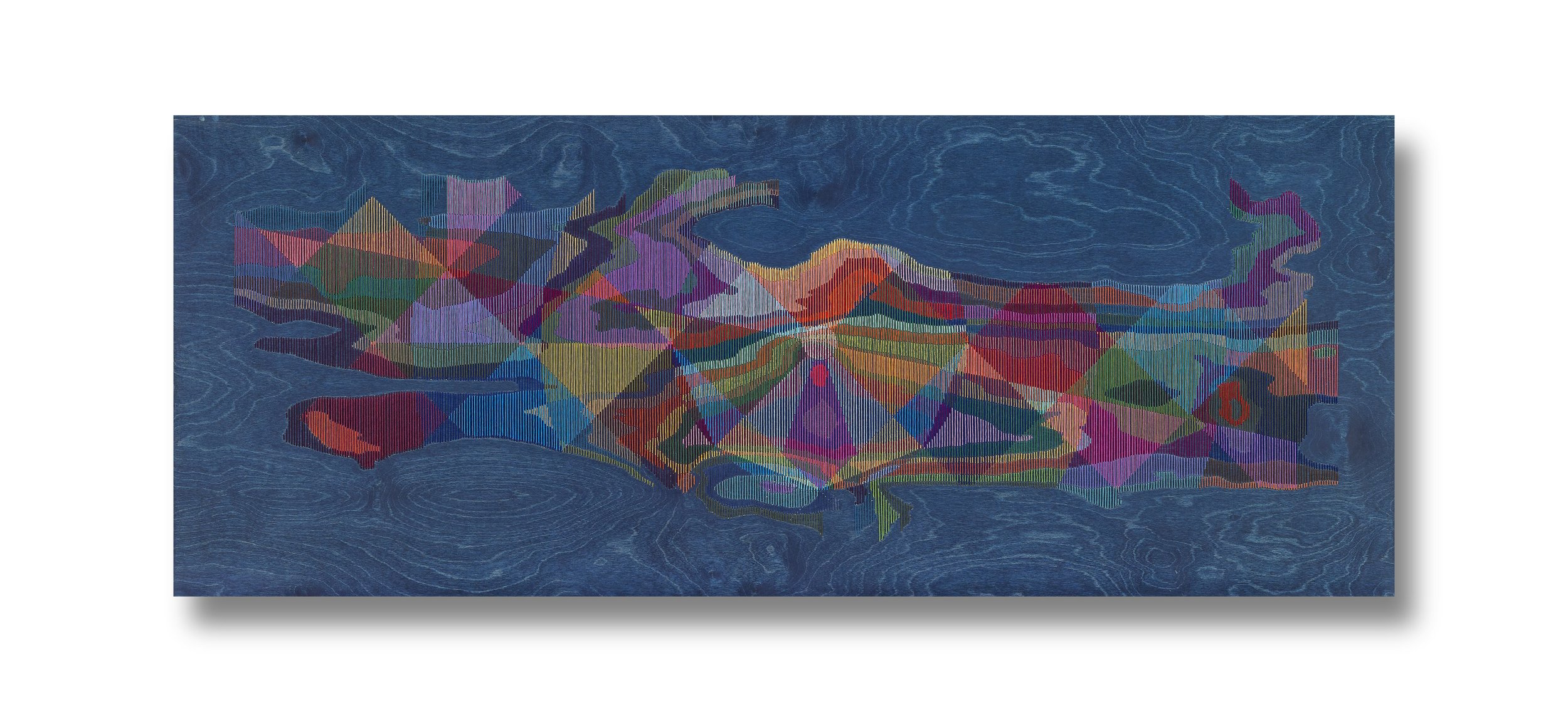   Ingrain No12 , 2026 Pencil, rubio stain, thread on wood 24 x 60 inches 