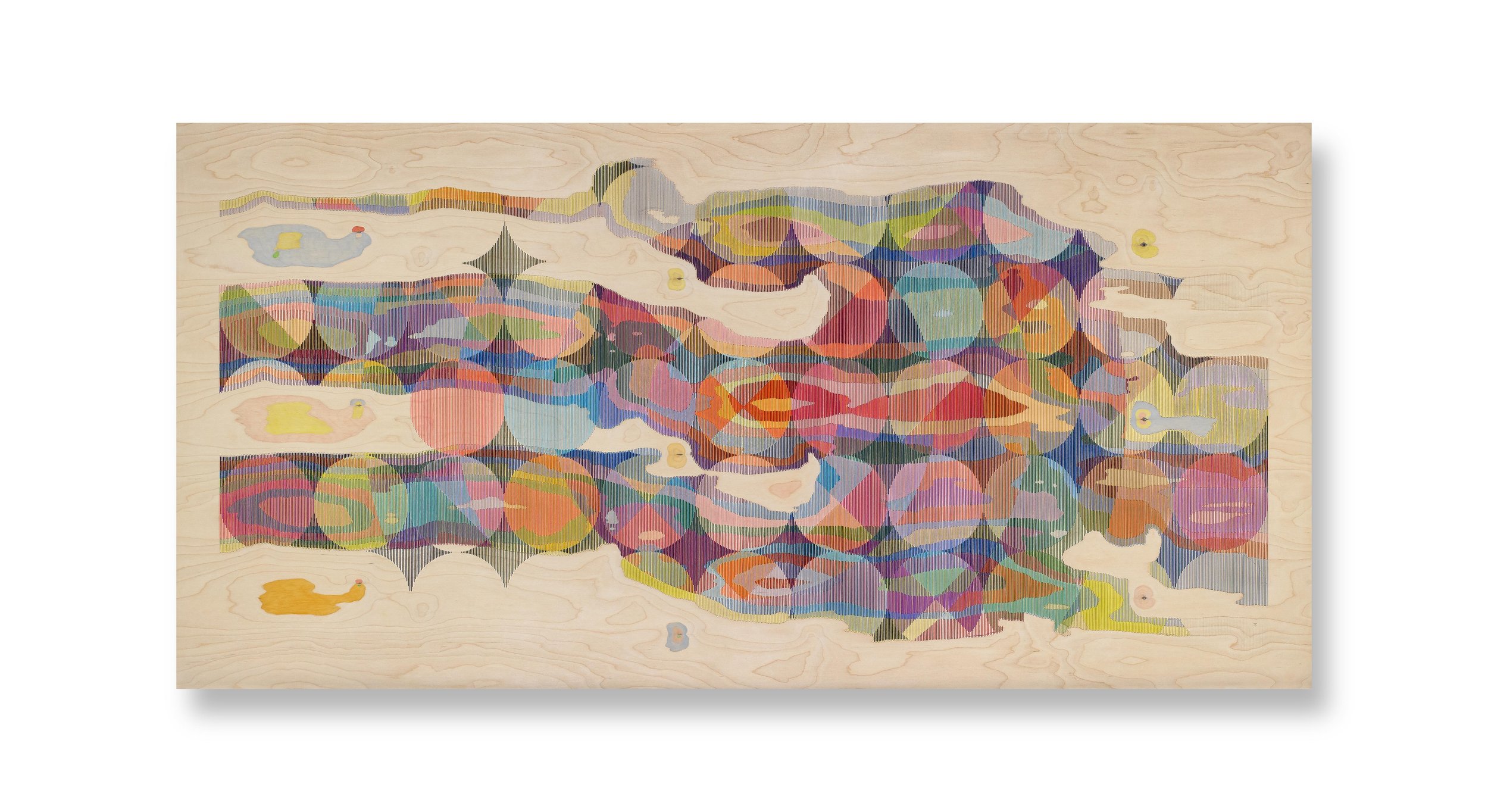   Ingrain No14 , 2026 Pencil, colored-pencil, rubio stain, thread on wood 48 x 96 inches 