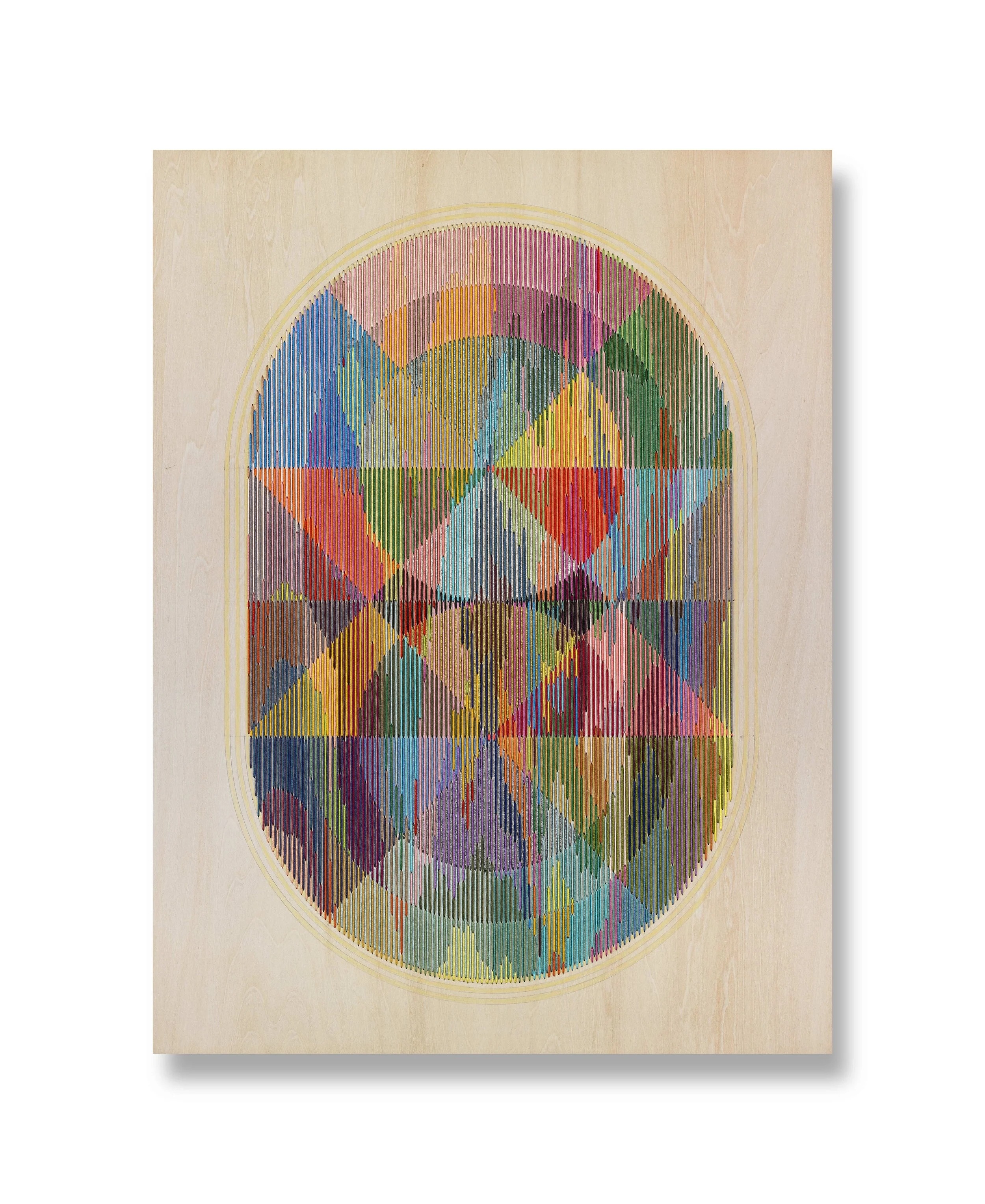   Ingrain No11 , 2026 Pencil, colored-pencil, rubio stain, thread on wood 24 x 18 inches 