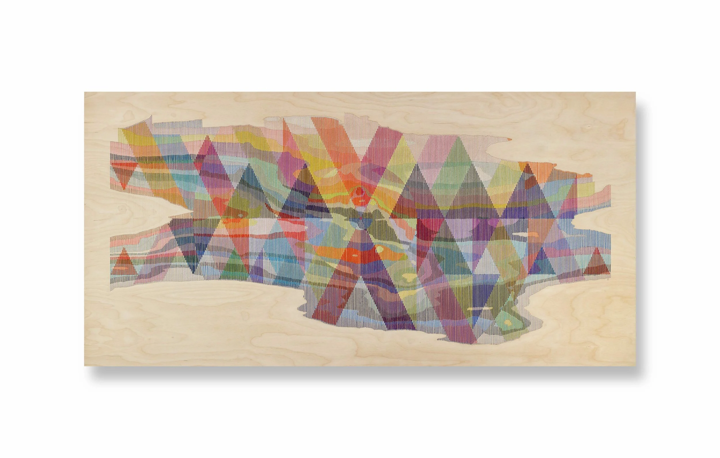 Tia Keobounpheng (American, born 1977)   Ingrain No10 , 2026 Signed Pencil, rubio stain, thread on wood 30 x 60 inches 