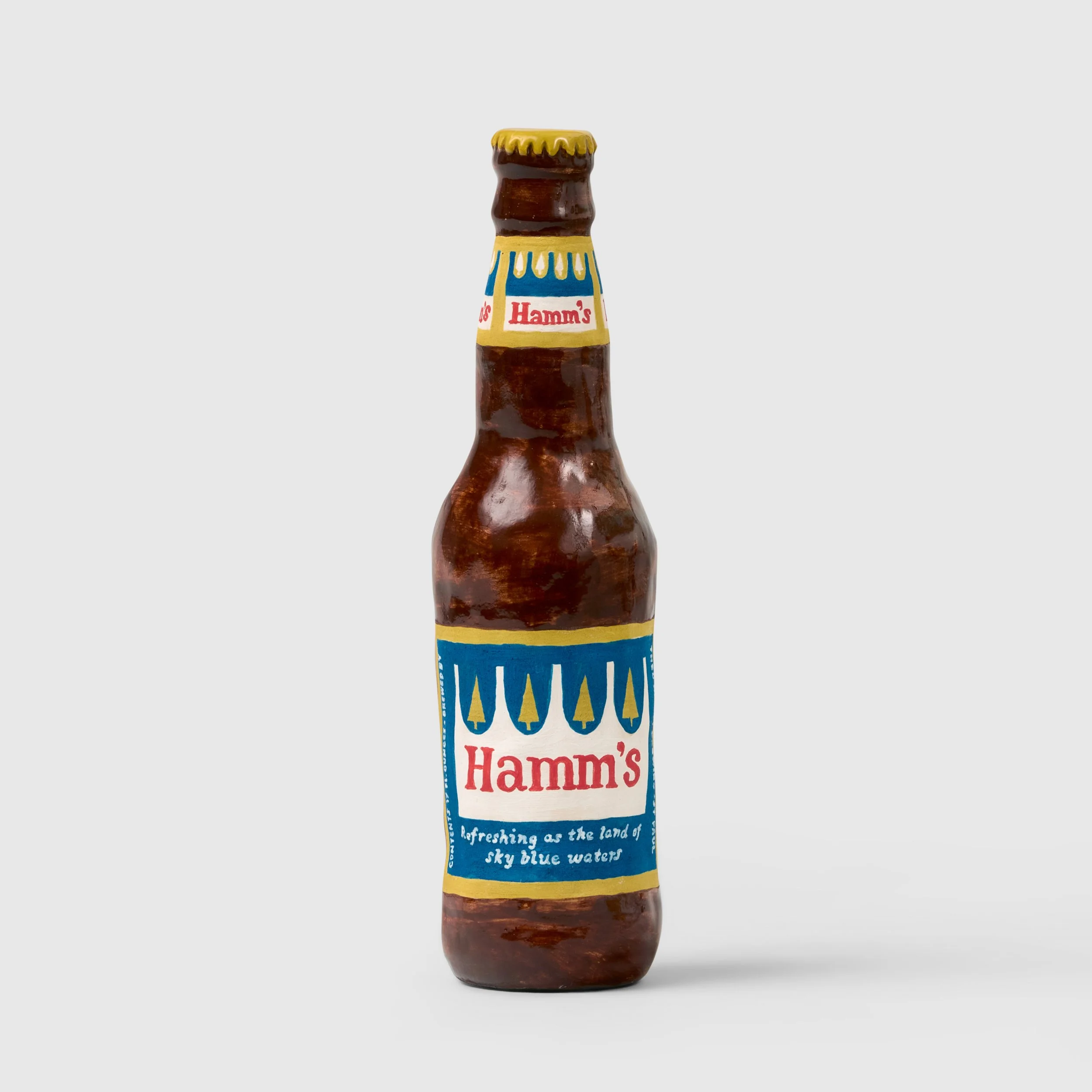  Stephanie H. Shih (American, born 1986)   Hamm's Beer , 2026 Signed Hand-built stoneware with underglaze and glaze 8-1/2 x 2 x 2 inches 