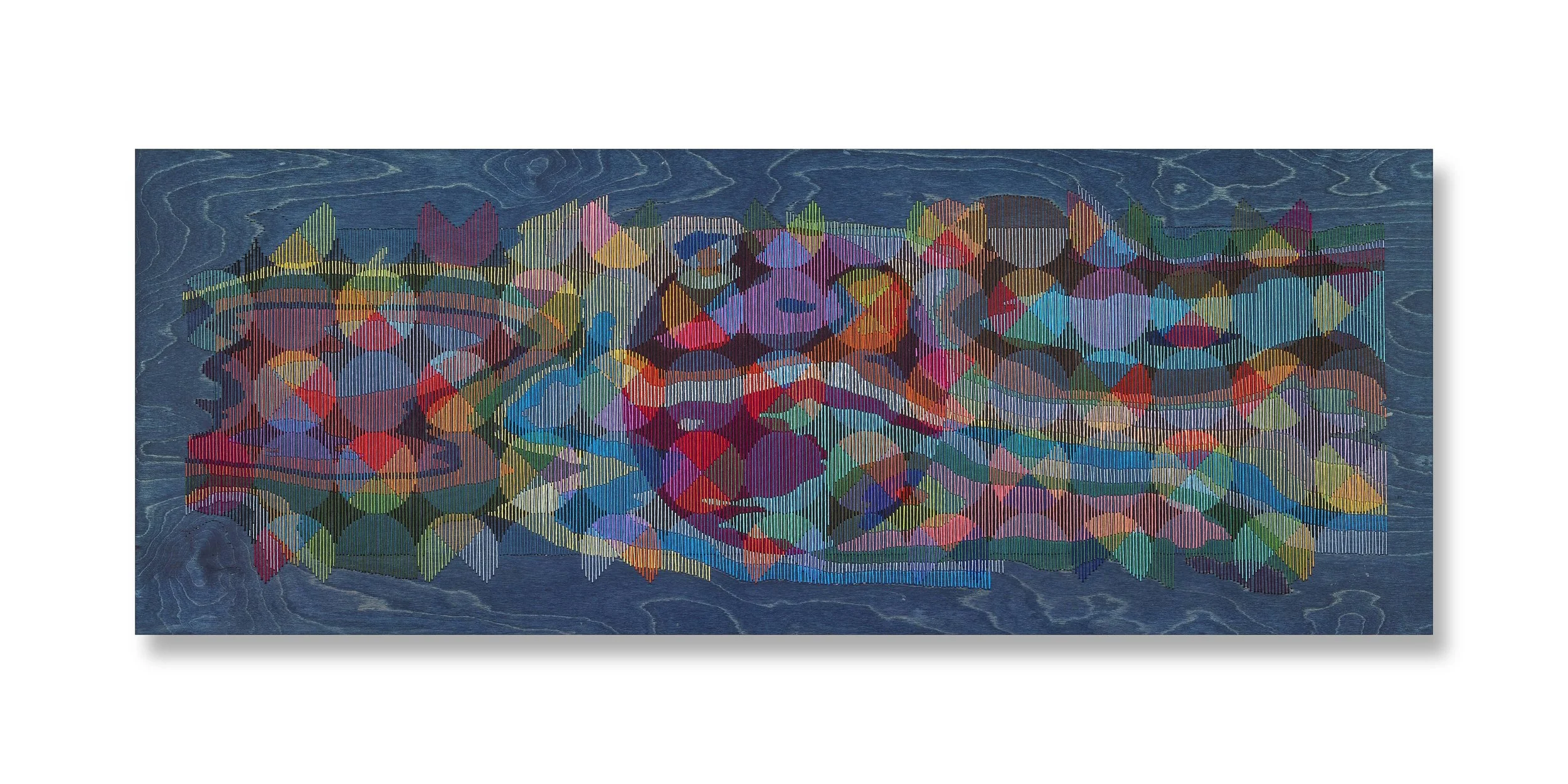   Ingrain No6 , 2026 Pencil, colored-pencil, rubio stain, thread on wood 18 x 48 inches 